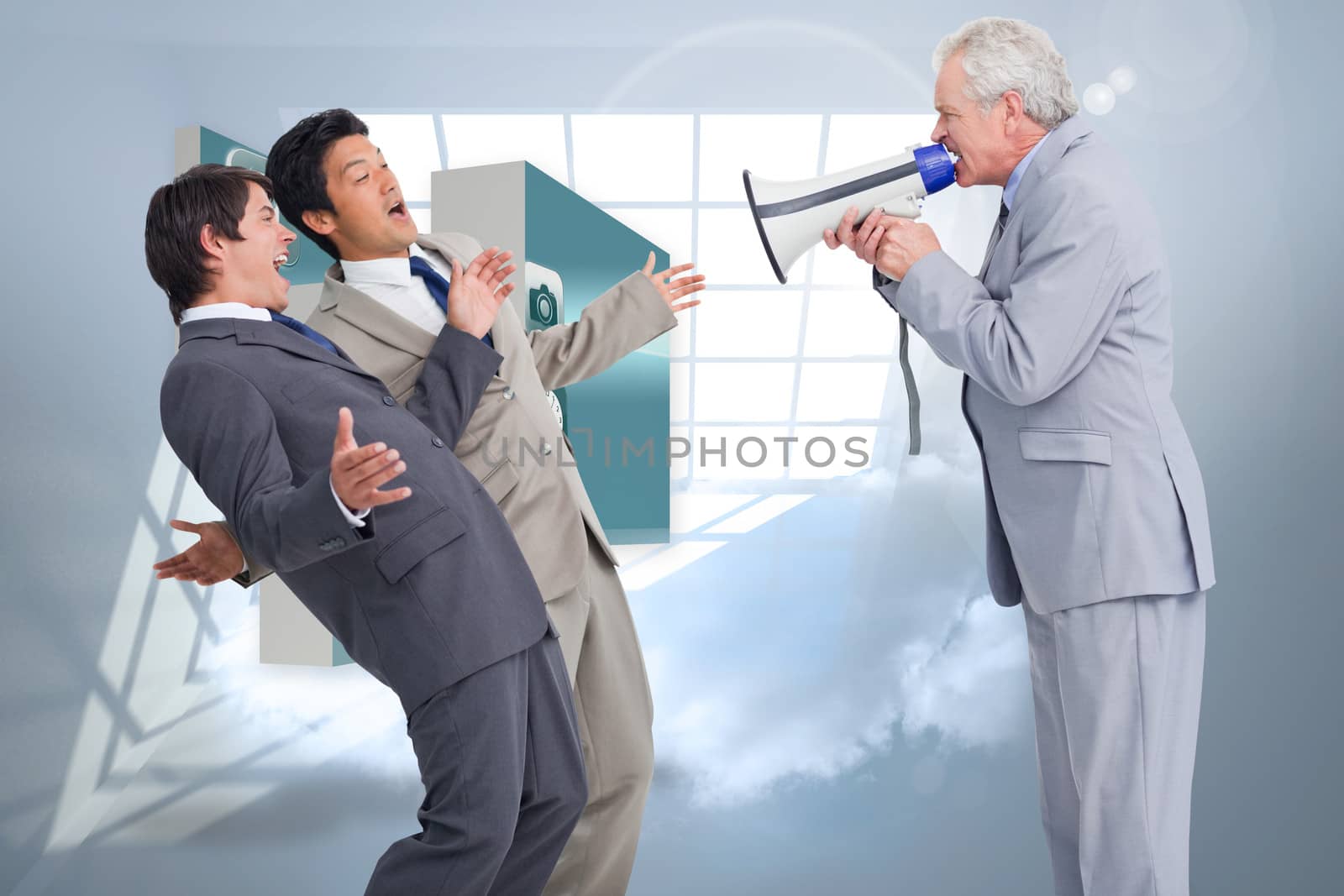 Senior salesman with megaphone yelling at his employees against room with holographic cloud