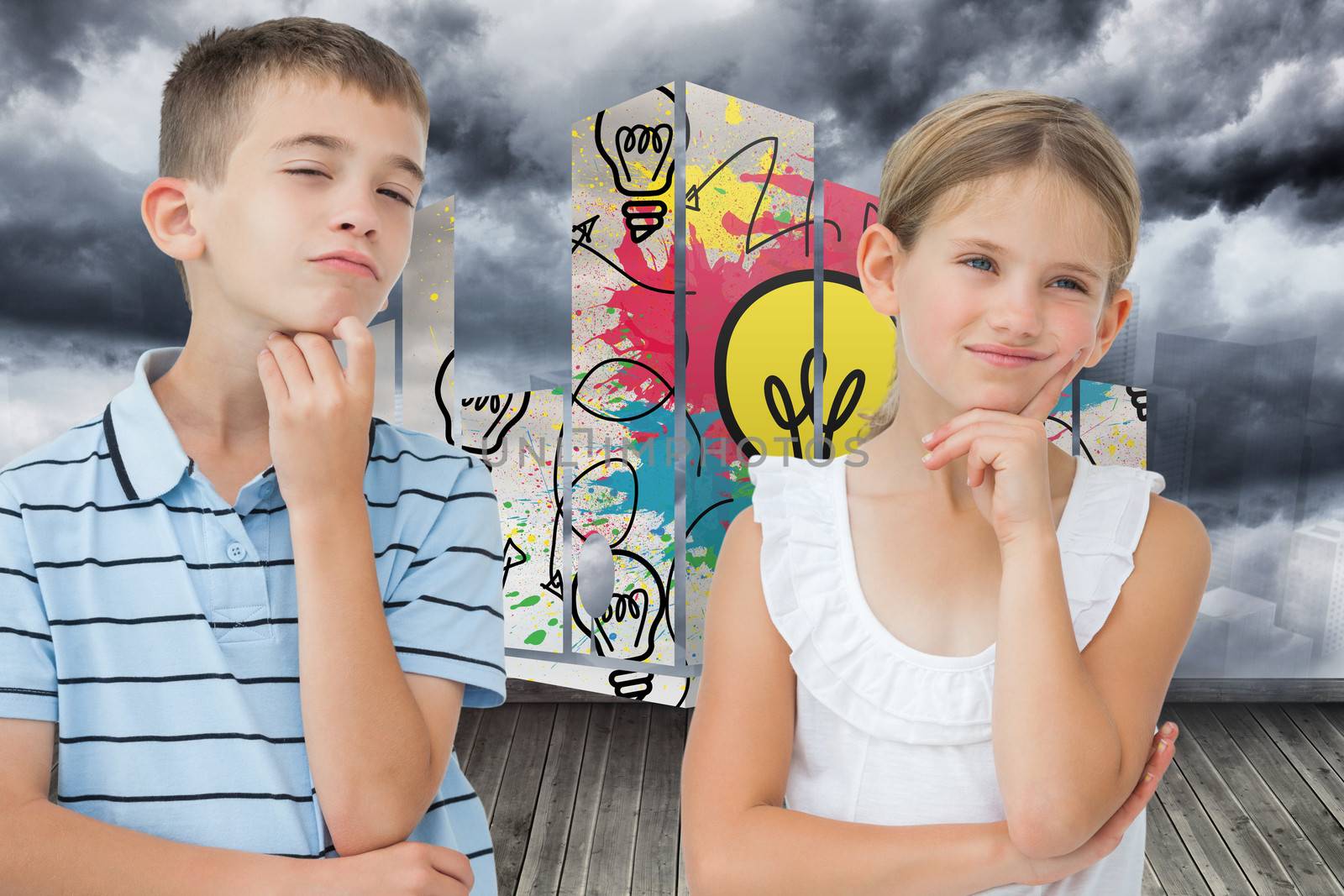 Thoughtful brother and sister posing together against sky painted on wall