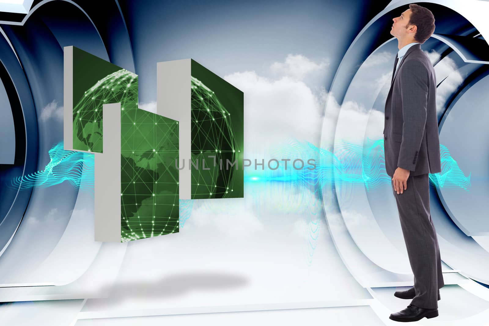 Serious businessman with hand in pocket against abstract blue design on clouds in structure 