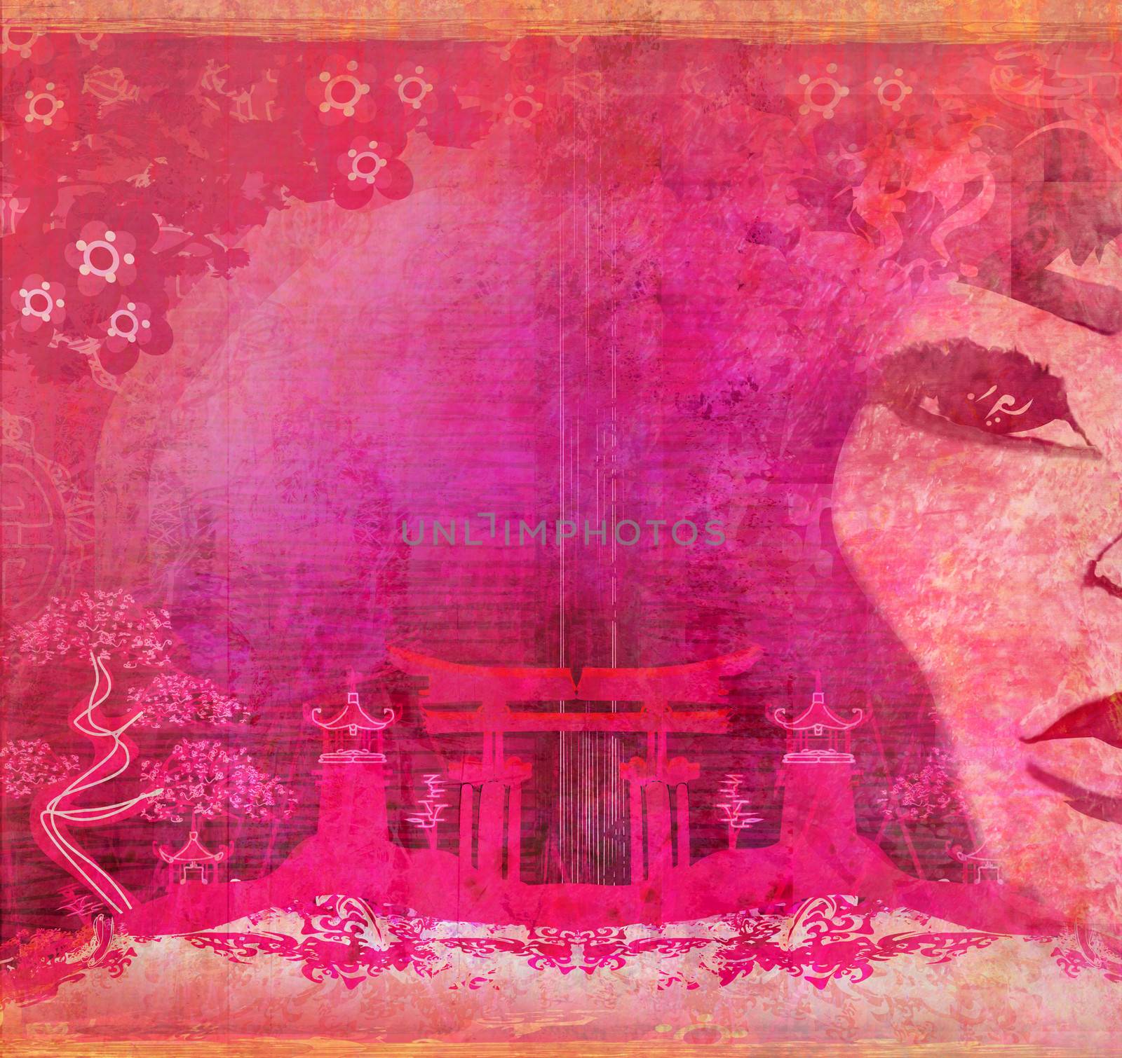 traditional Asian landscape on a grunge background