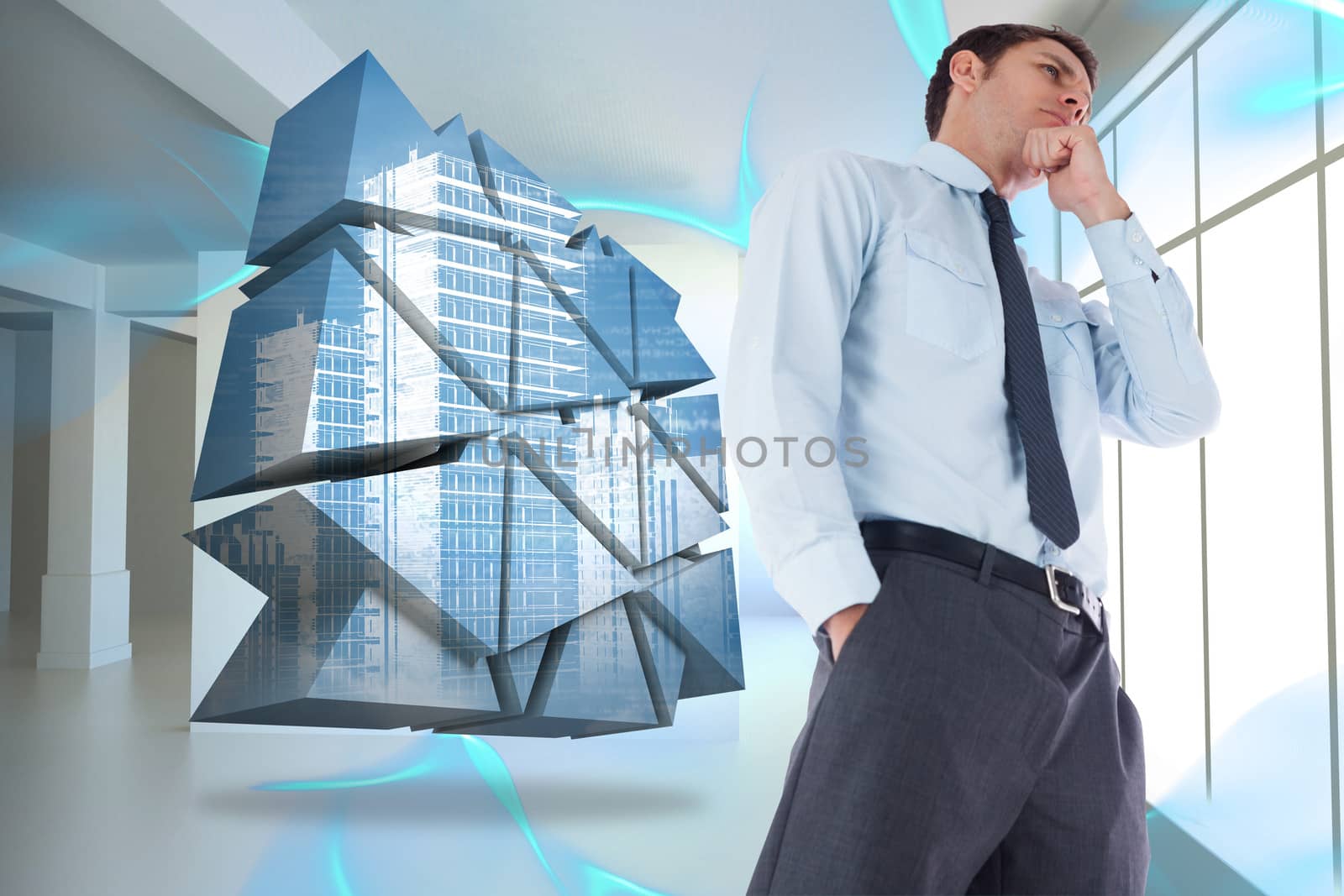 Thoughtful businessman with hand on chin against blue abstract design in room