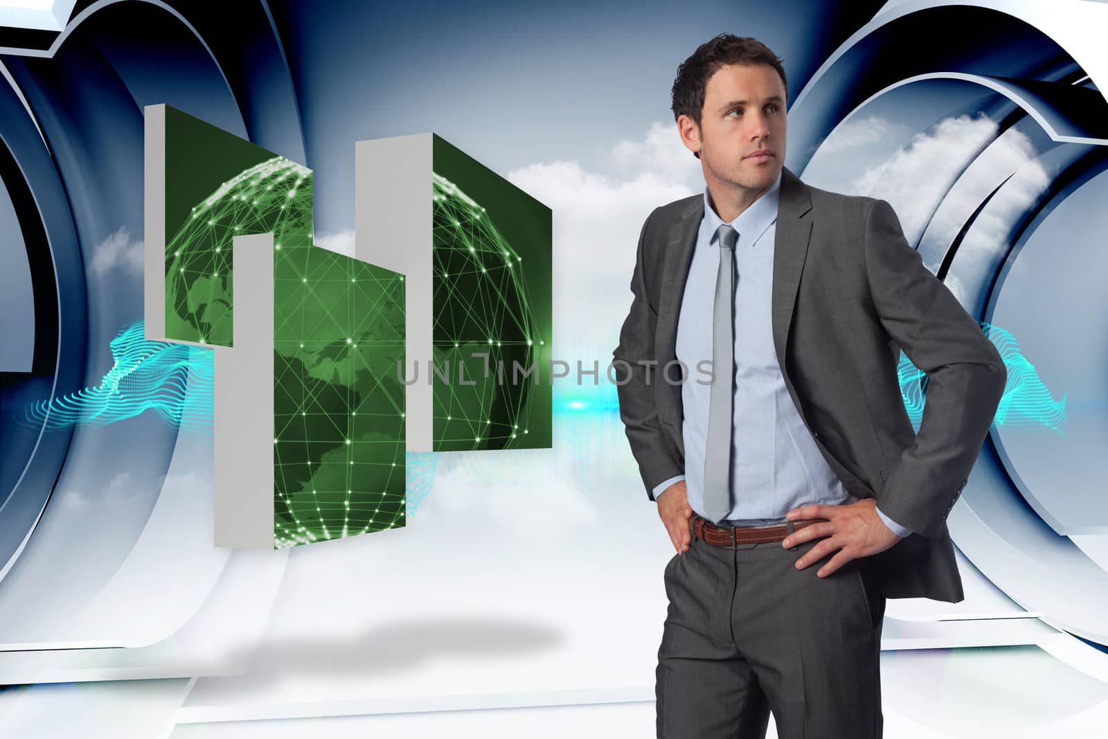 Serious businessman with hands on hips against abstract blue design on clouds in structure 