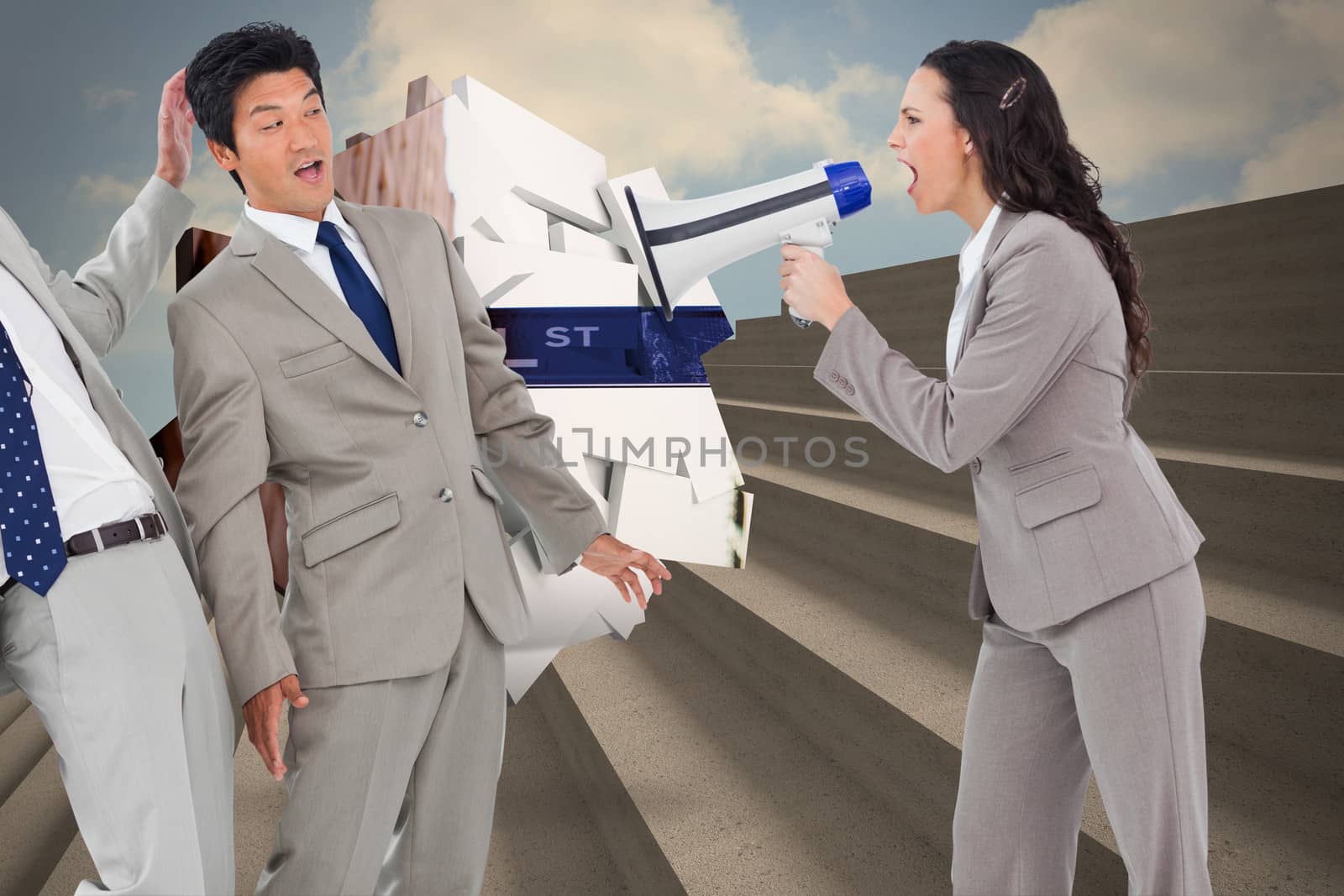 Businesswoman with megaphone yelling at colleagues against steps against blue sky