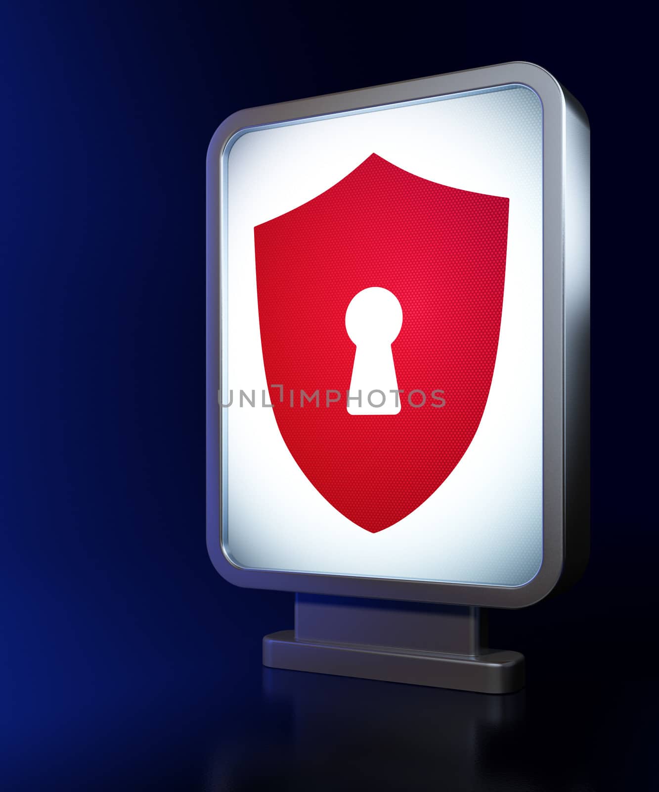 Safety concept: Shield With Keyhole on advertising billboard background, 3d render