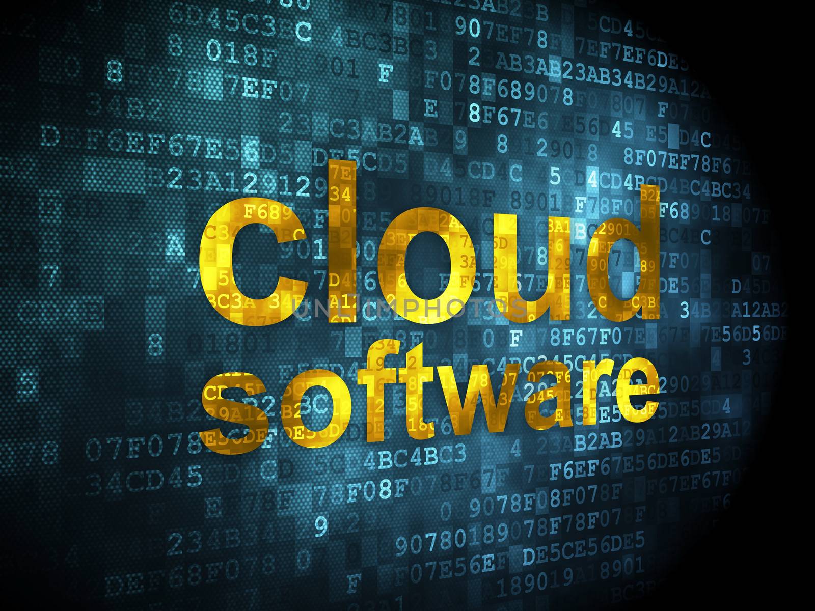 Cloud computing concept: pixelated words Cloud Software on digital background, 3d render