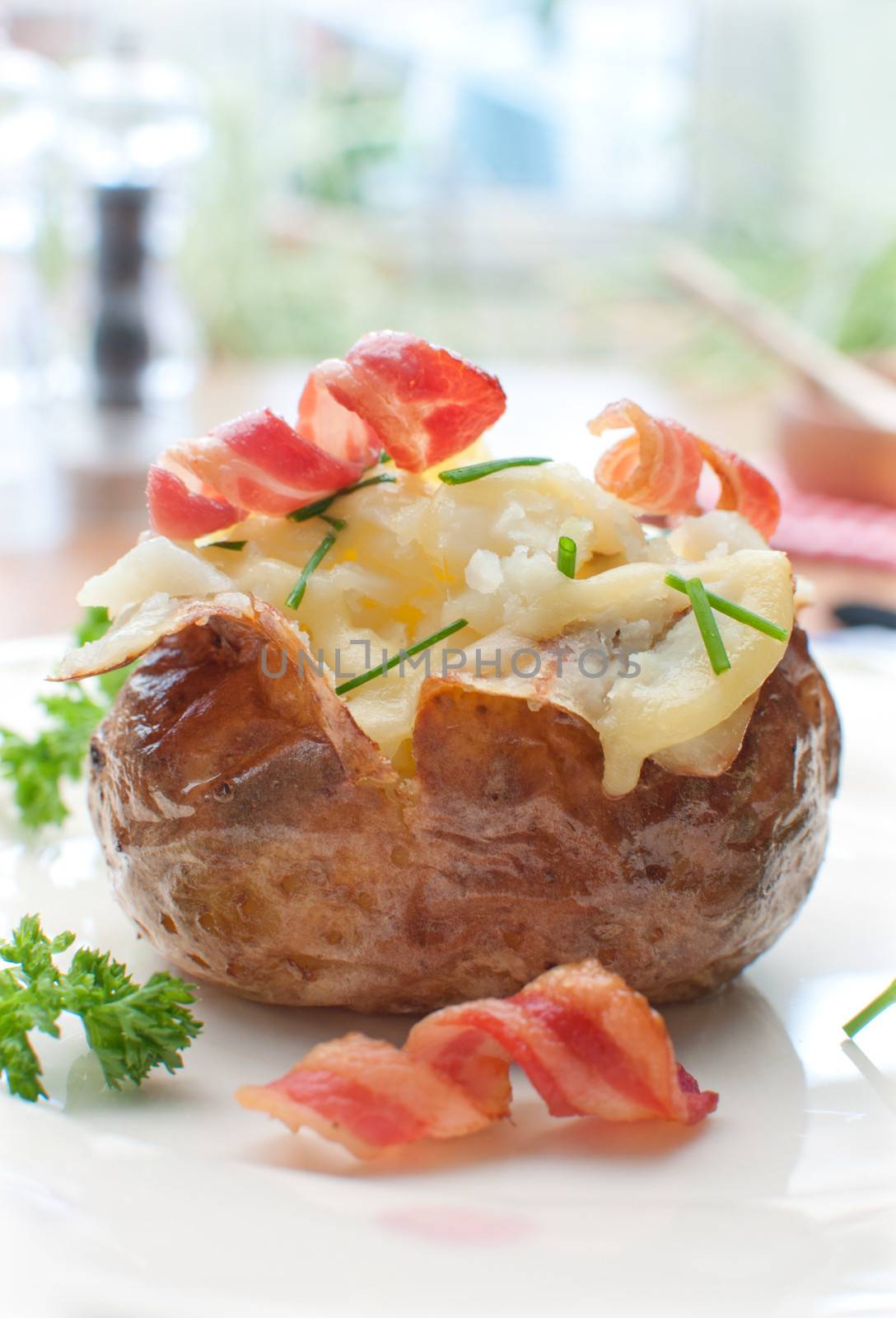 Hot potato with curly bacon and grated cheese 