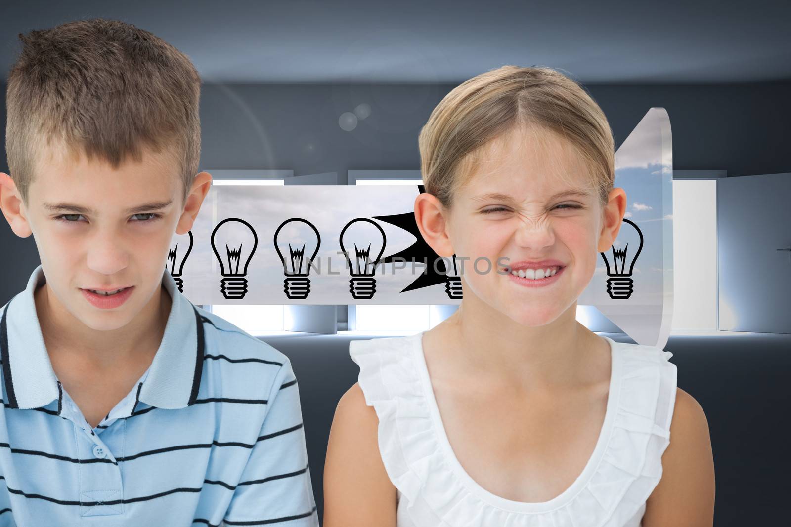 Furious brother and sister posing together against doors opening revealing light