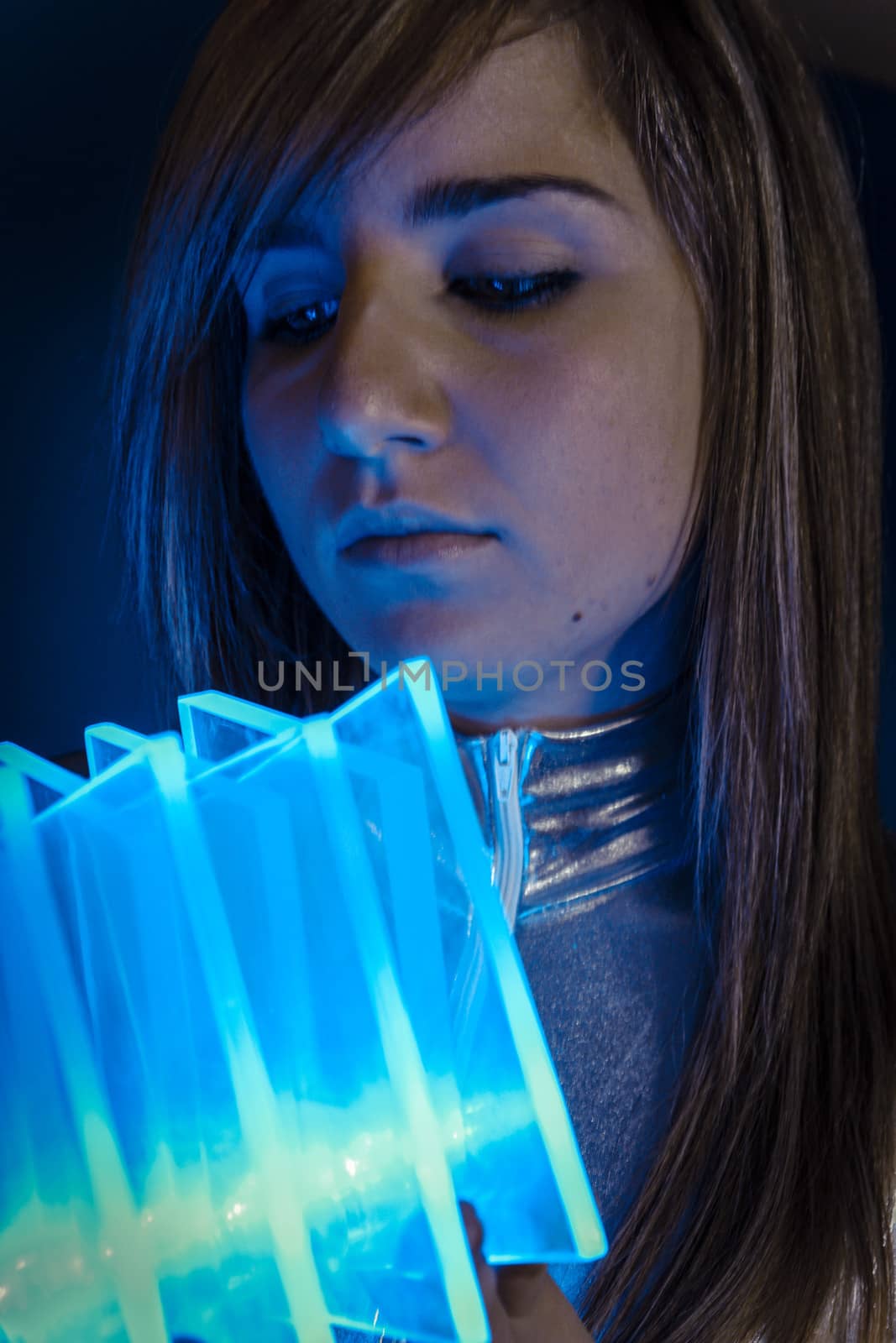 Technology.Fiber Optic concept, woman with modern lights
