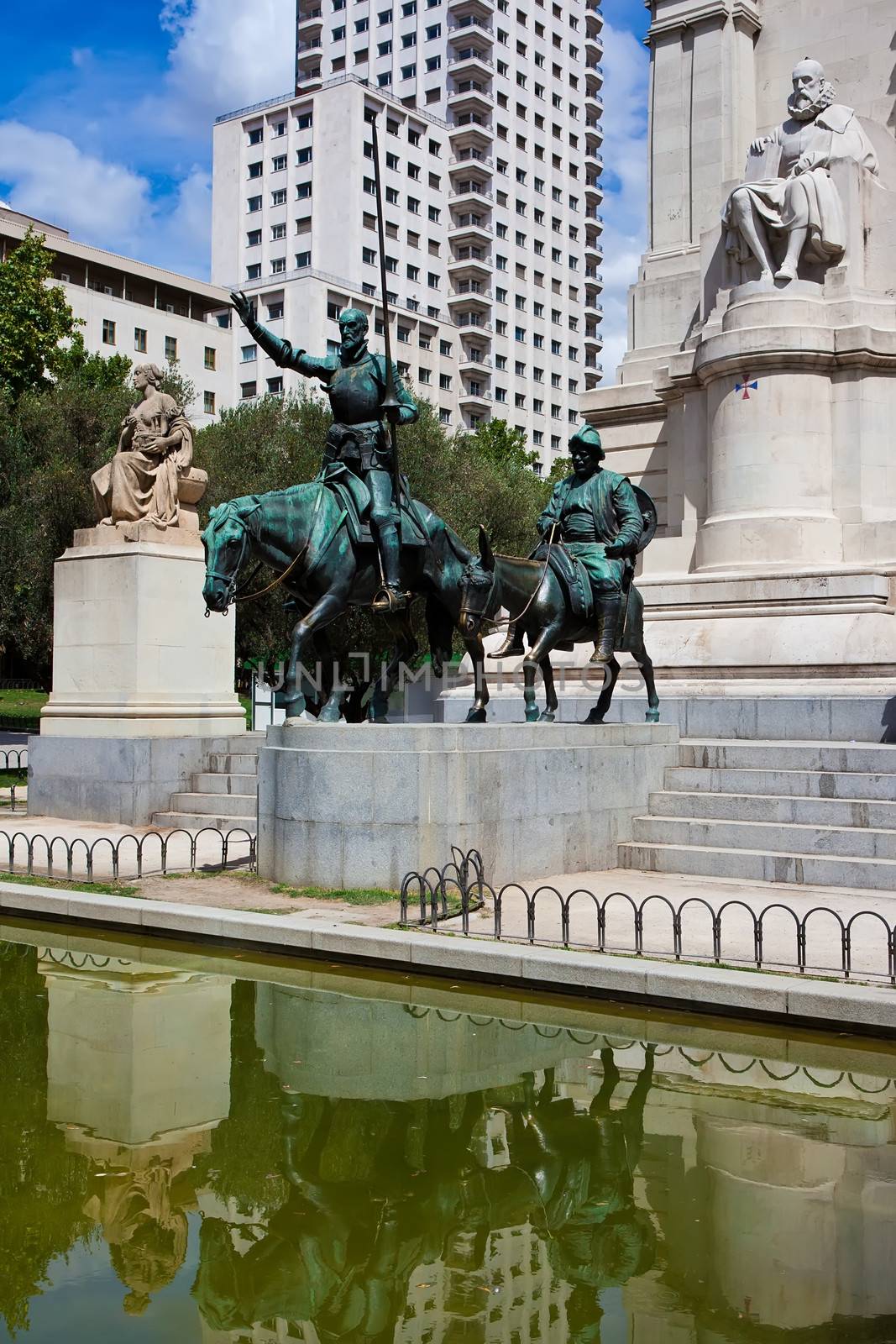 Statue of Spanish writer Miguel Cervantes and his characters Don Quichote with Sancho Panza, Madrid, Spain
