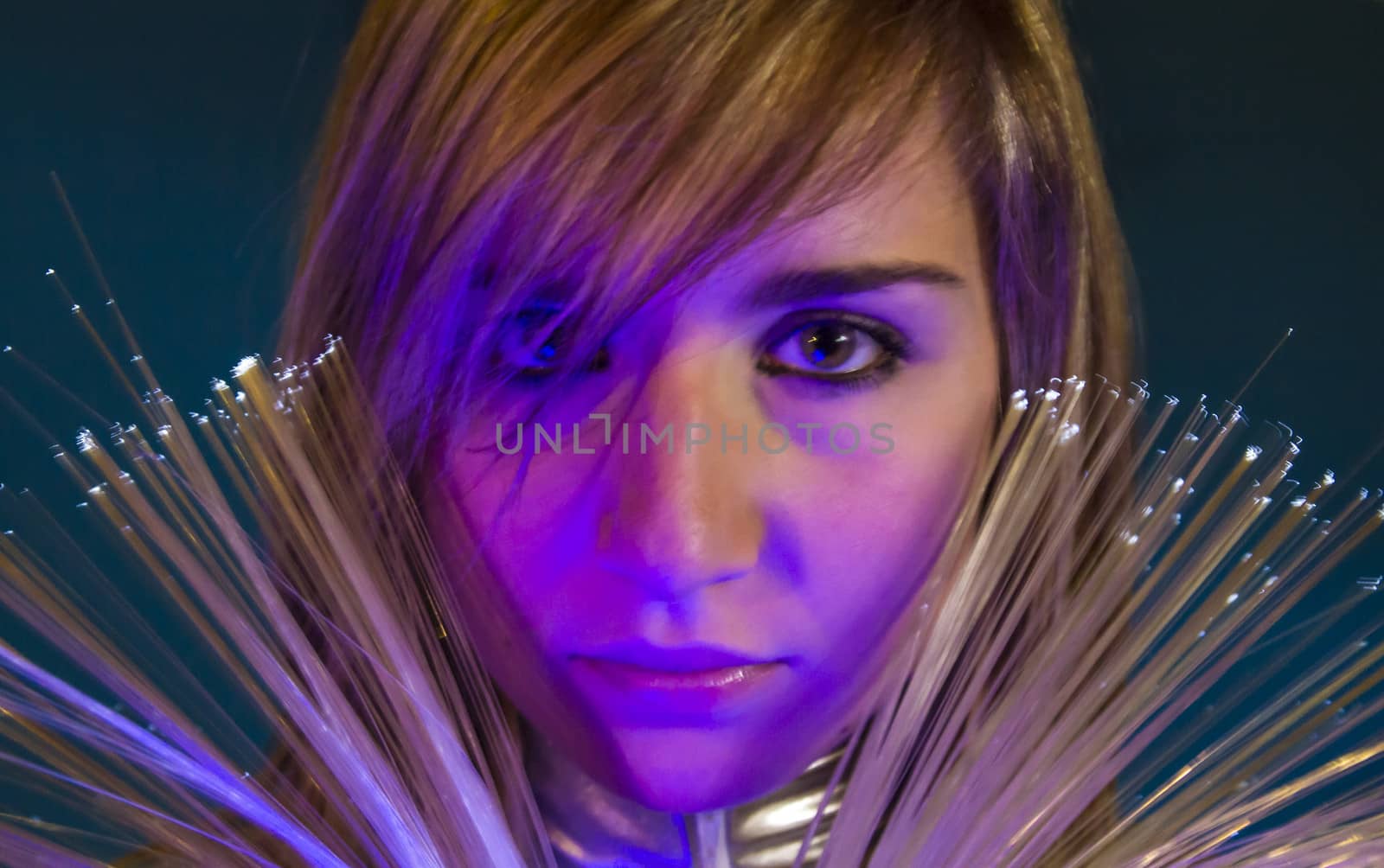 Internet.Fiber Optic concept, woman with modern lights