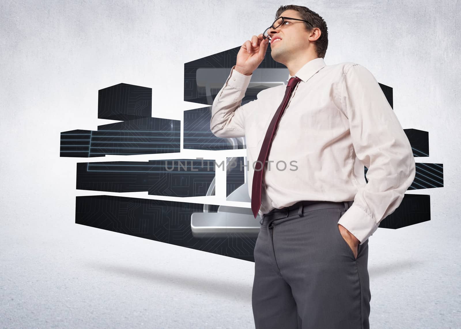 Thinking businessman touching his glasses against white wall