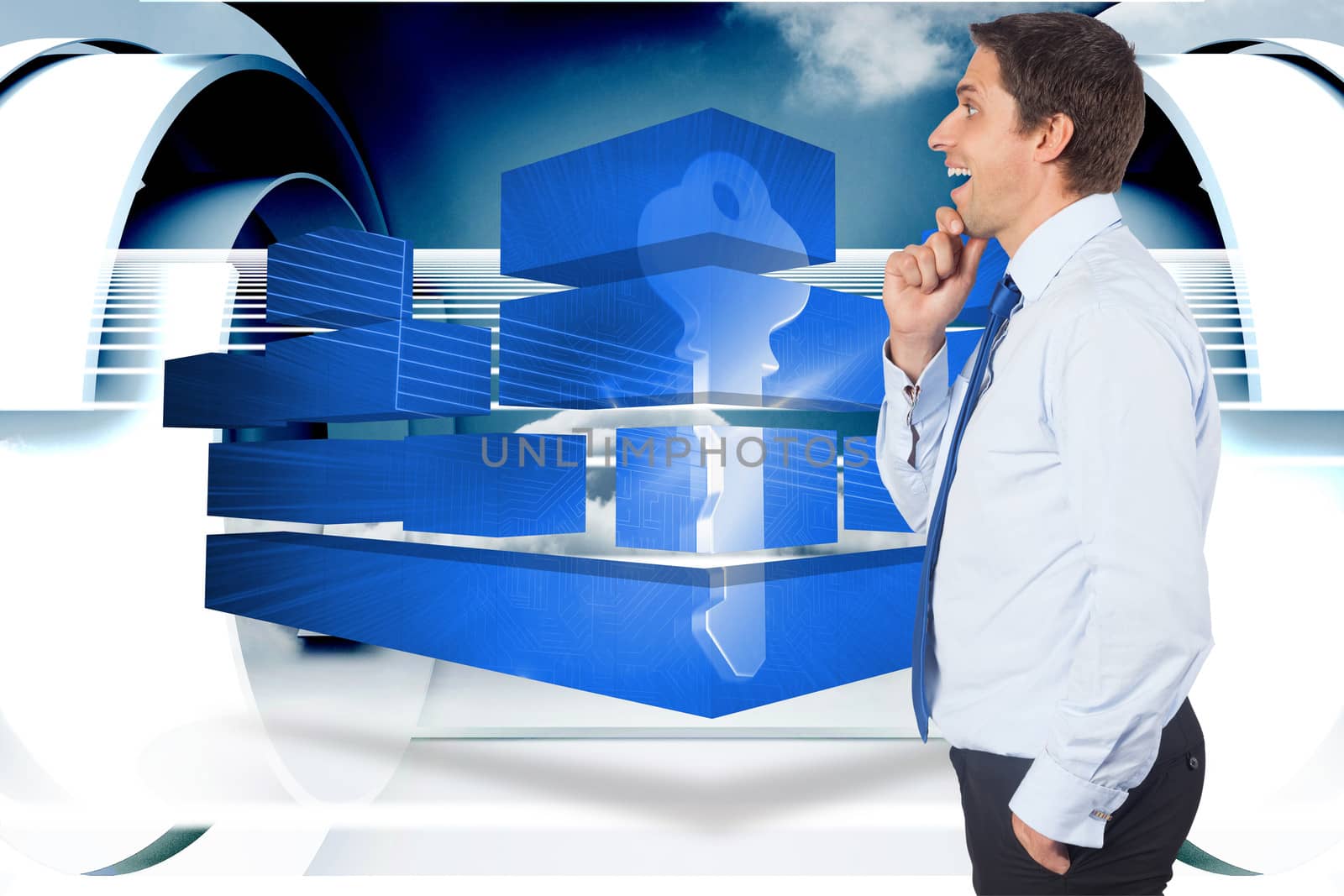 Thinking businessman touching his chin against abstract cloud design in futuristic structure