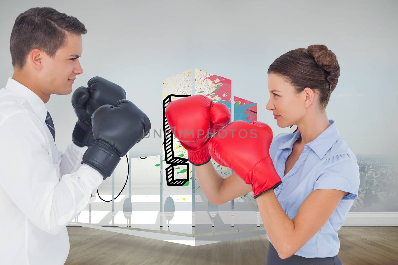 Composite image of colleagues in competition having a boxing match by Wavebreakmedia