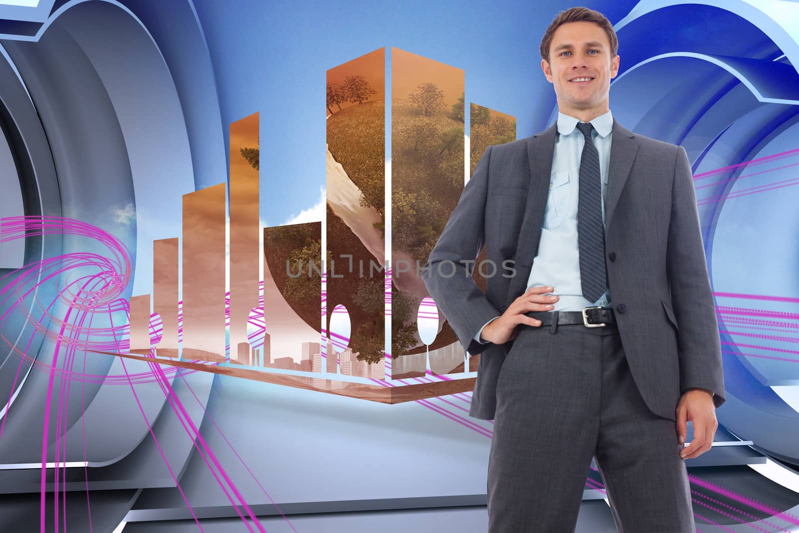 Cheerful businessman with hand on hip against abstract pink design in futuristic structure