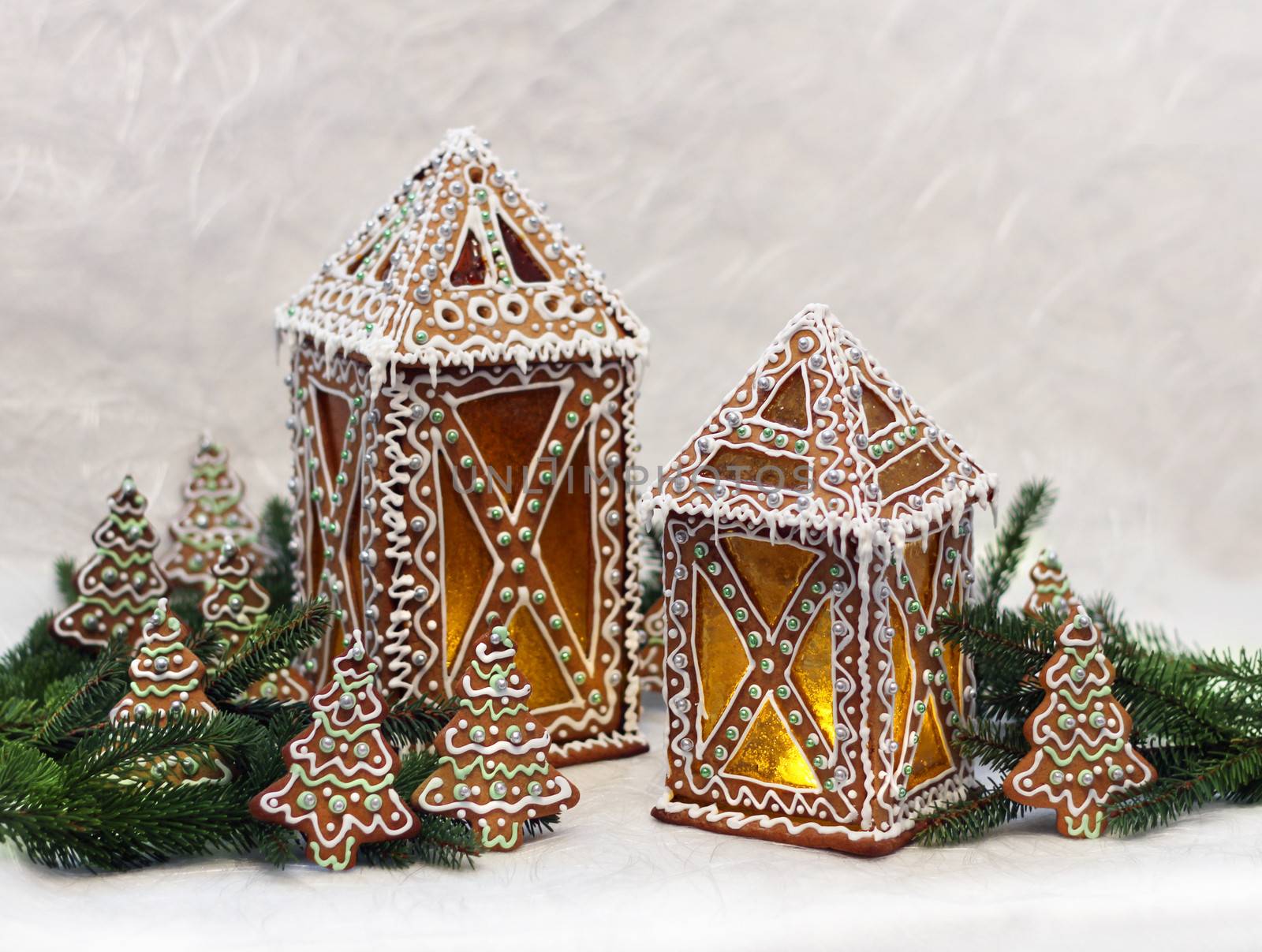 Gingerbread lantern cottages with Christmas tree branches