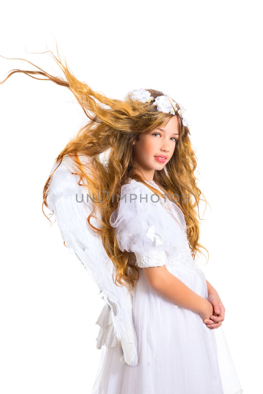 Angel blond girl with flowers crown and feather wings on white background