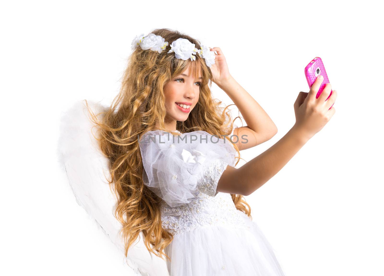 Angel blond girl taking picture mobile smartphone and feather wings on white byod to heaven