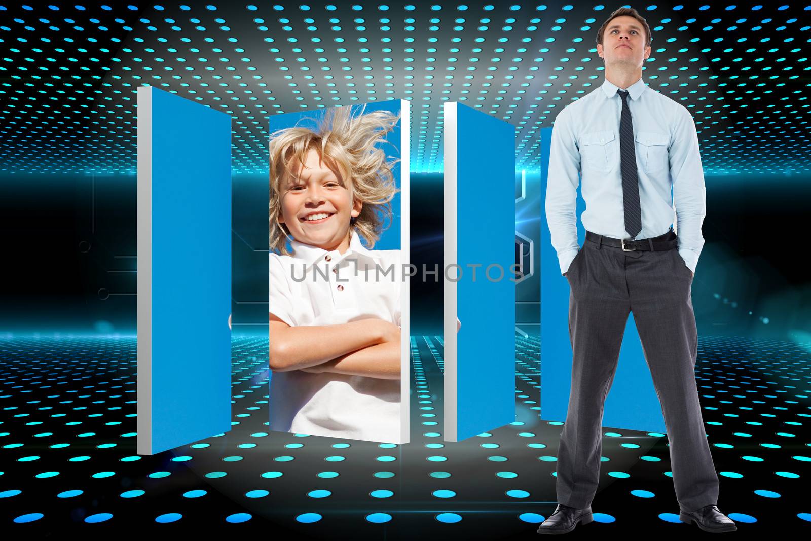 Serious businessman standing with hands in pockets against doorway on technological glowing background