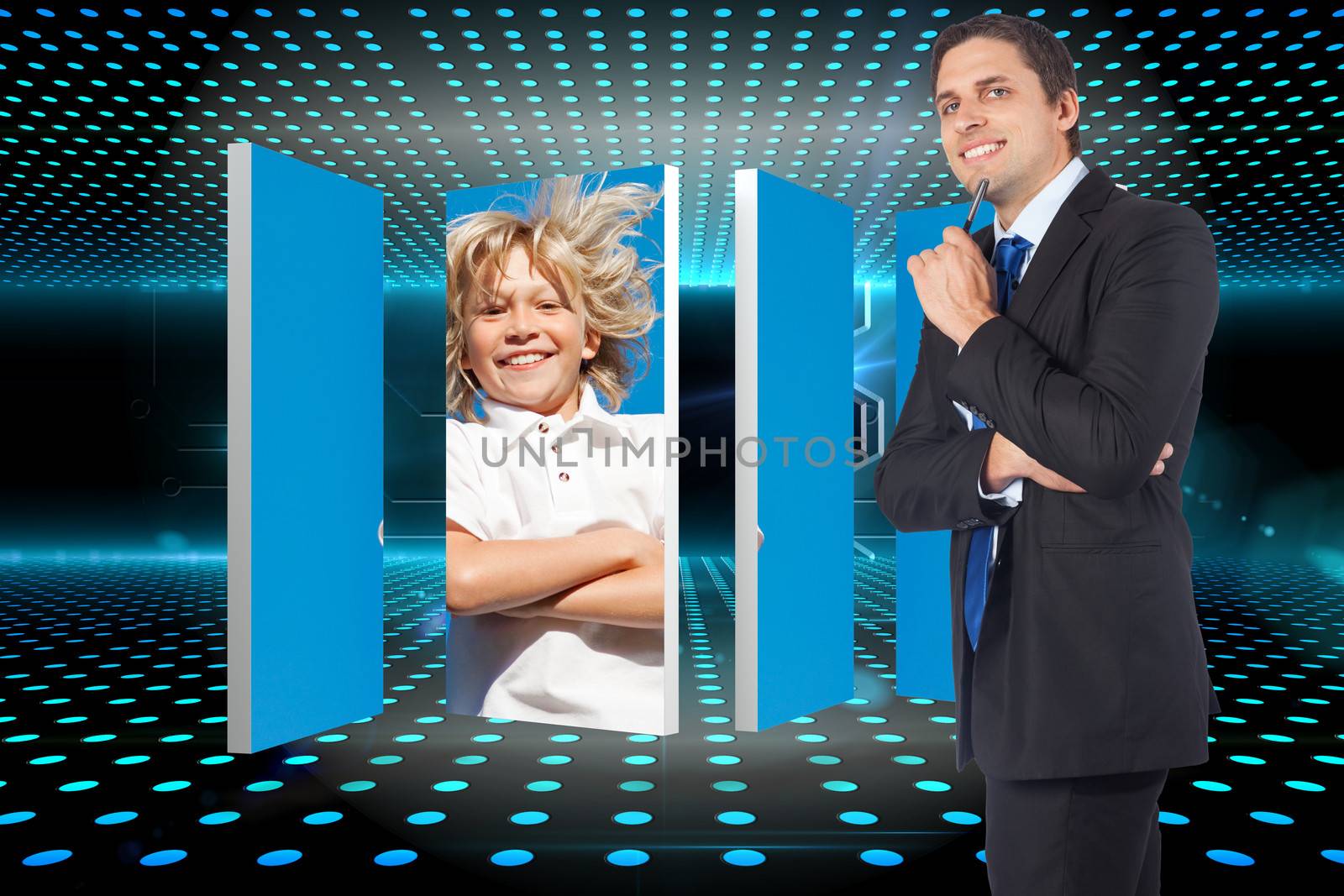 Thinking businessman holding pen against doorway on technological glowing background