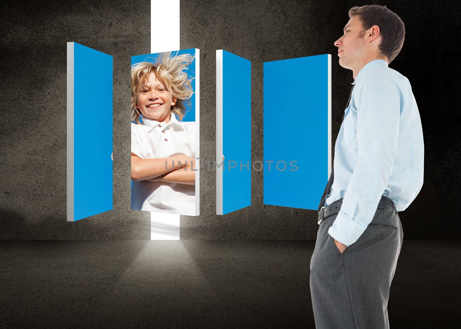 Serious businessman standing with hand in pocket against door in dark room