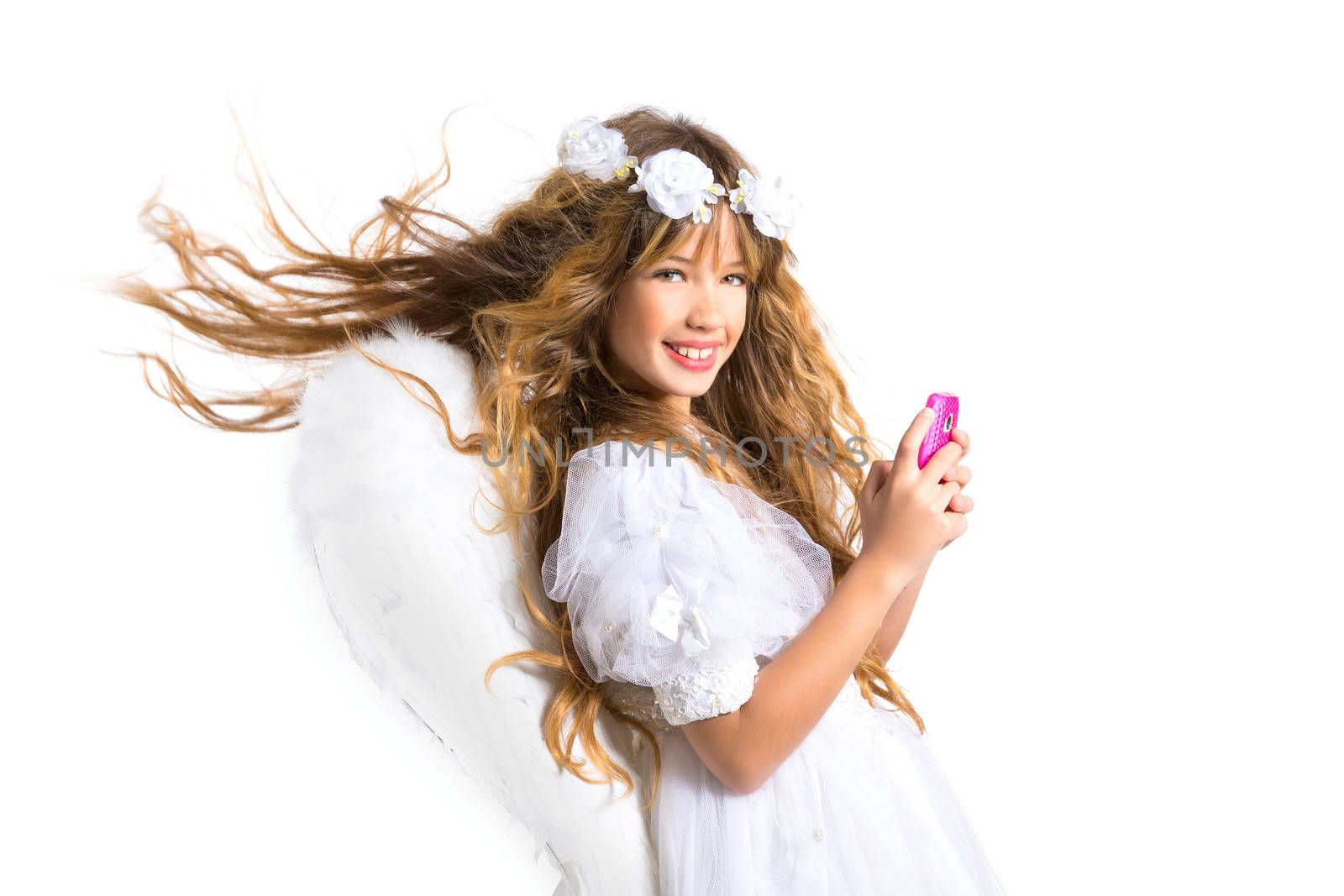 Angel blond girl with mobile phone and feather wings on white by lunamarina