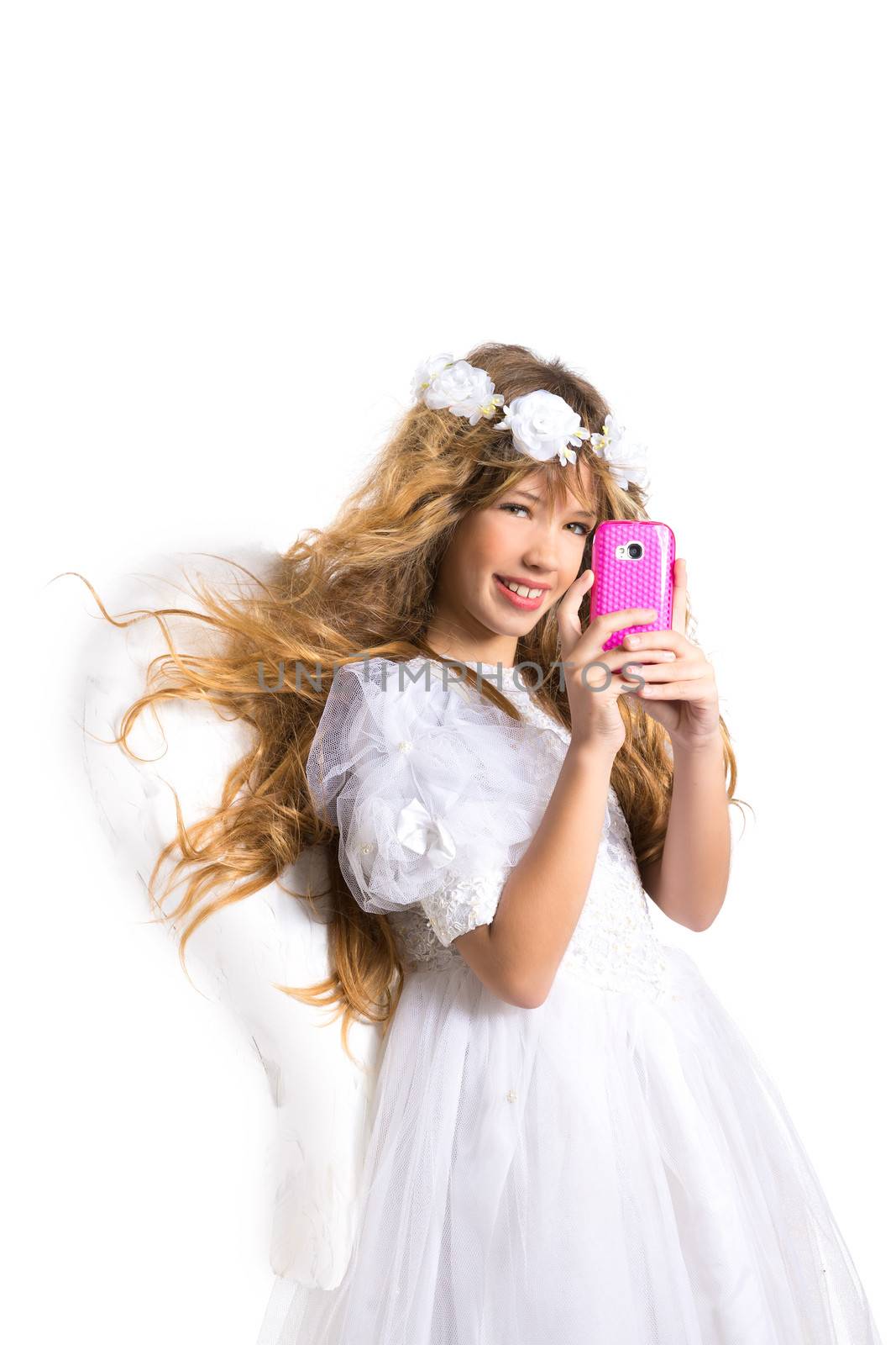 Angel blond girl taking picture mobile smartphone and feather wings on white byod to heaven