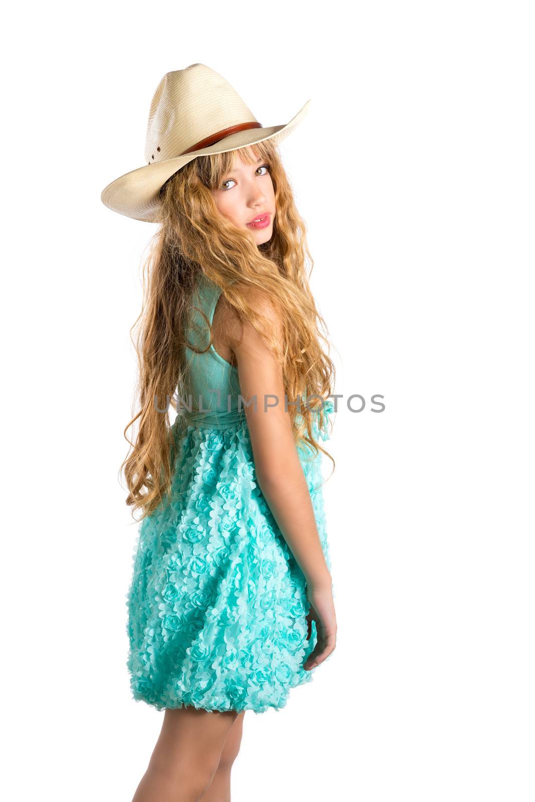 Blond fashion cowboy hat girl with turquoise dress by lunamarina