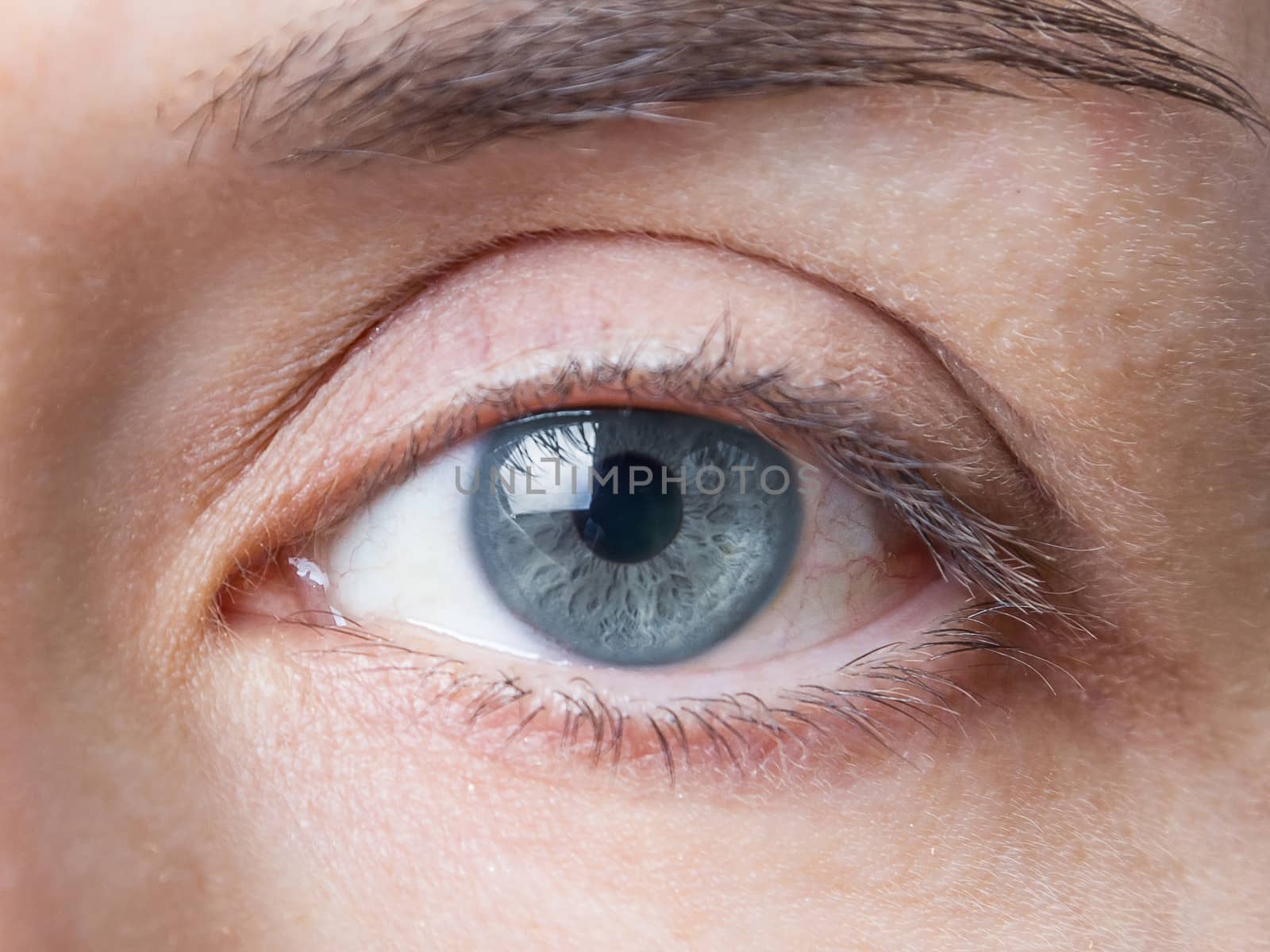 Closeup of beautiful female natural blue eye without makeup