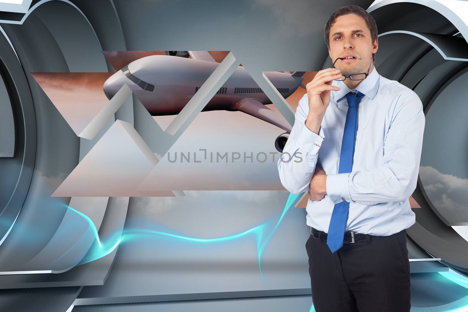 Composite image of thinking businessman biting glasses by Wavebreakmedia