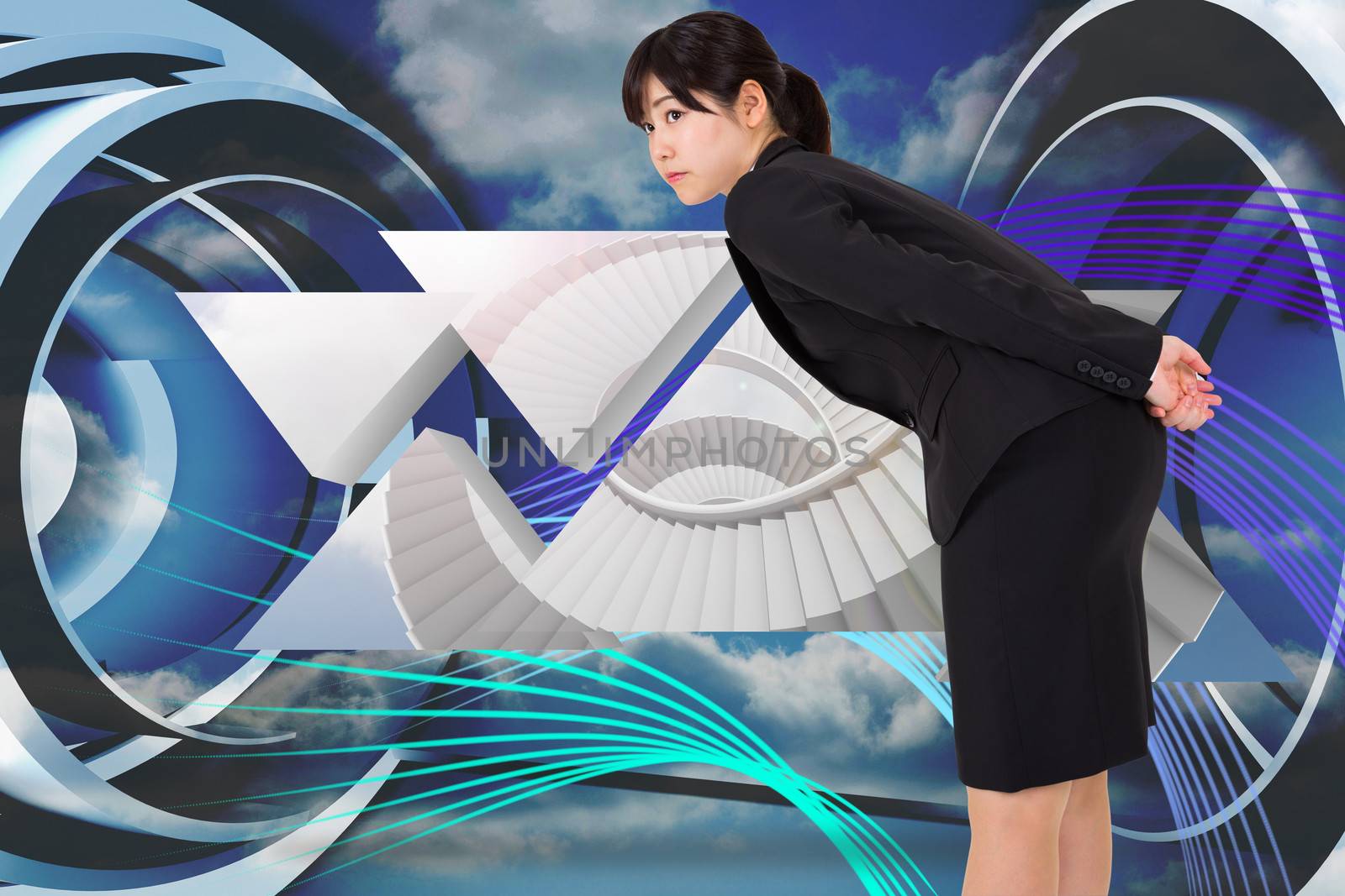 Serious businesswoman bending against abstract blue and purple line design