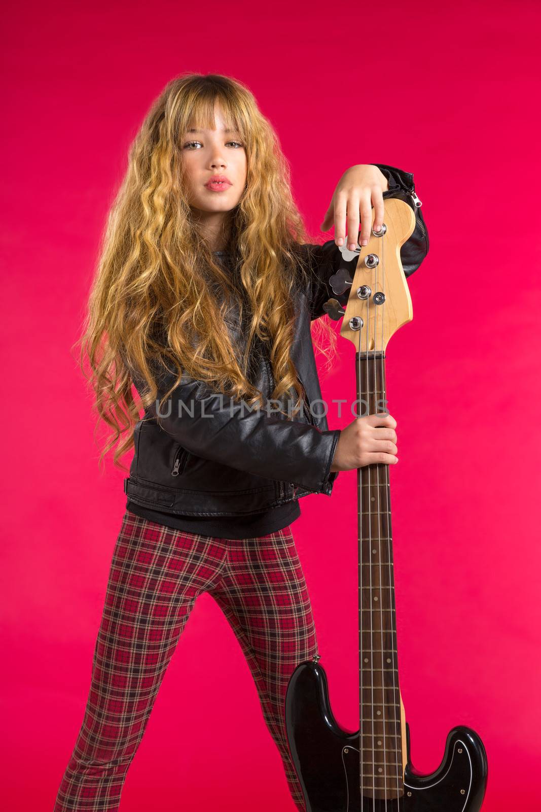 Blond Rock and roll girl with bass guitar on red by lunamarina