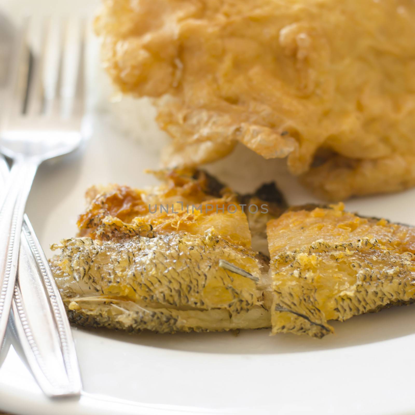 fried fish and omelet in dish with spoon and fork