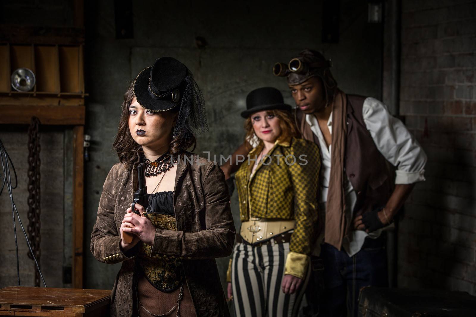Three Steampunks with in Underground Retro Lab