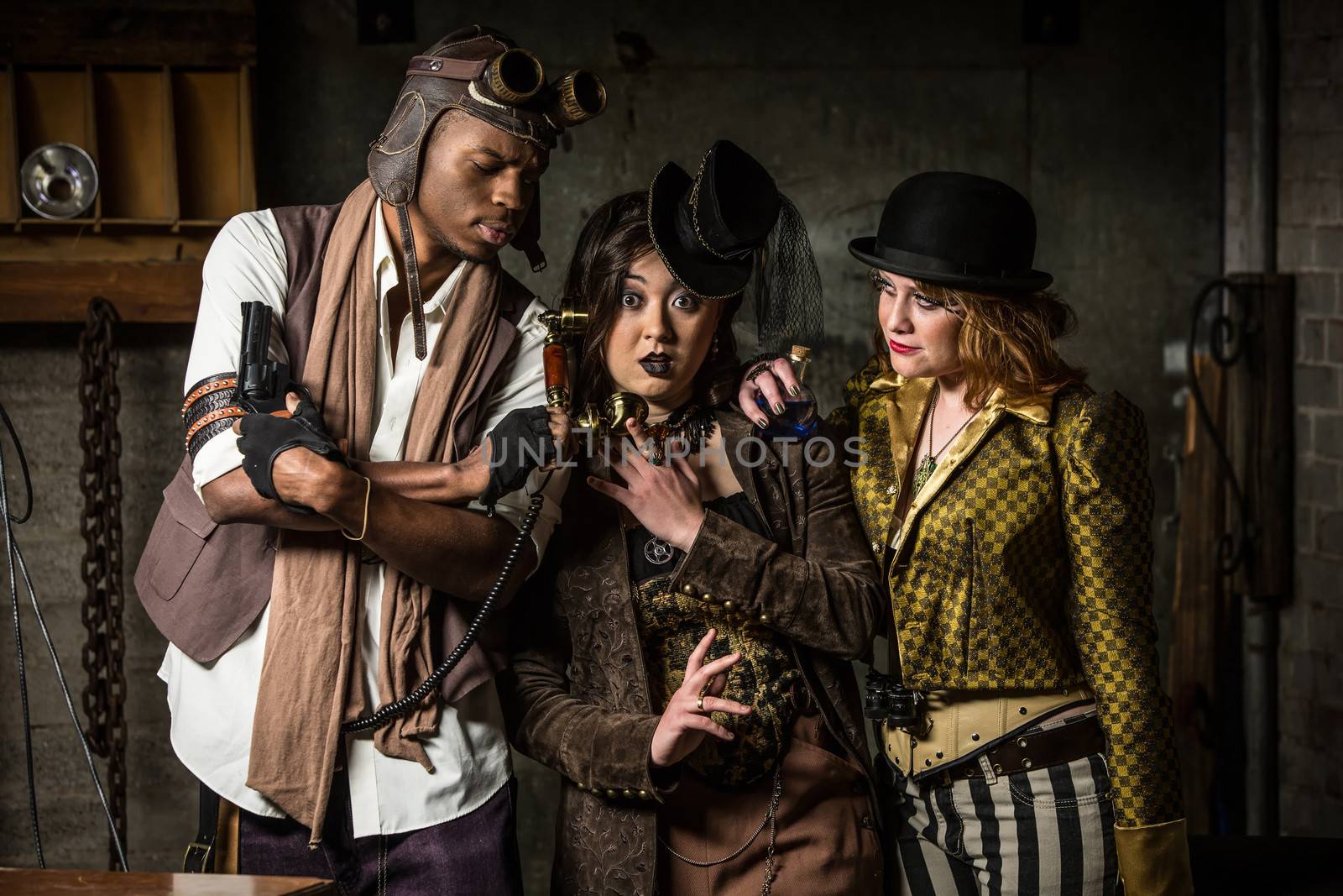 Three Steampunks with Underground Lair with Retro Phone