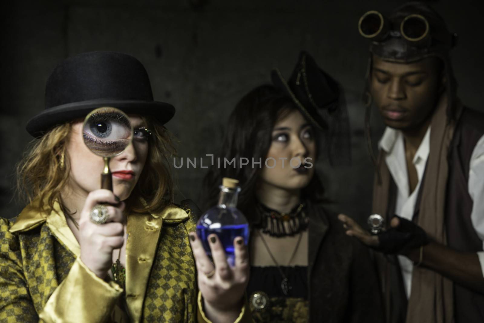 Steam Punks in Underground Lair with Potion and Magnifying Glass