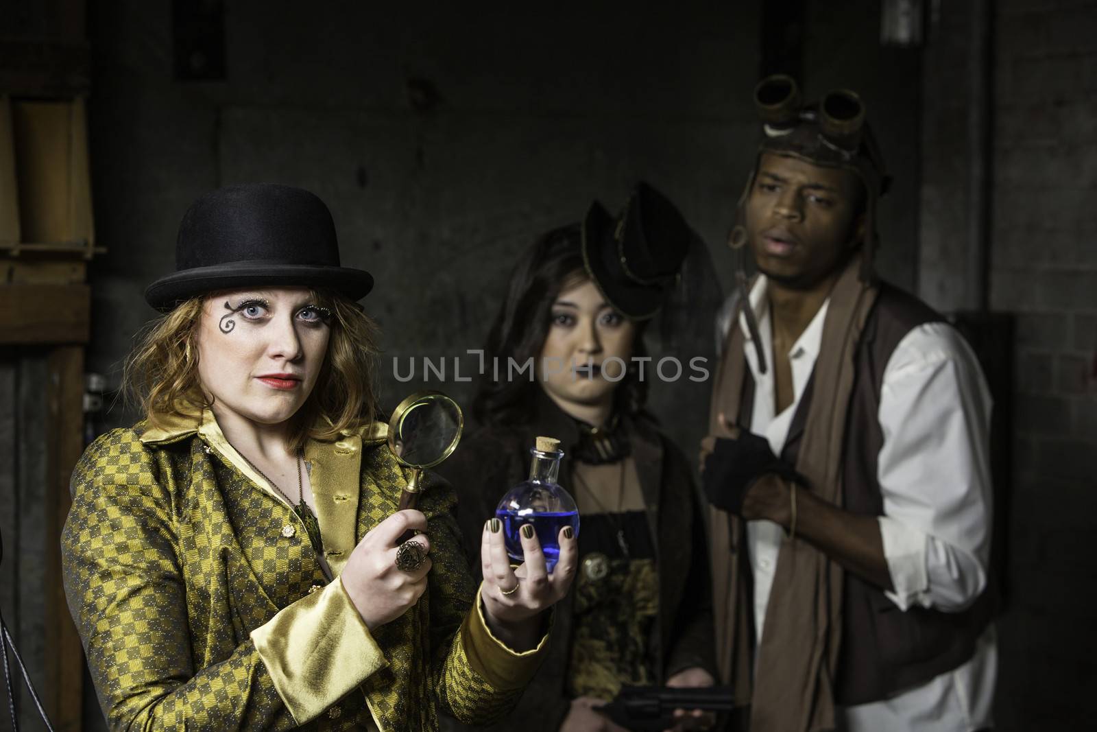 Steam Punks in Underground Lair with Potion and Magnifying Glass