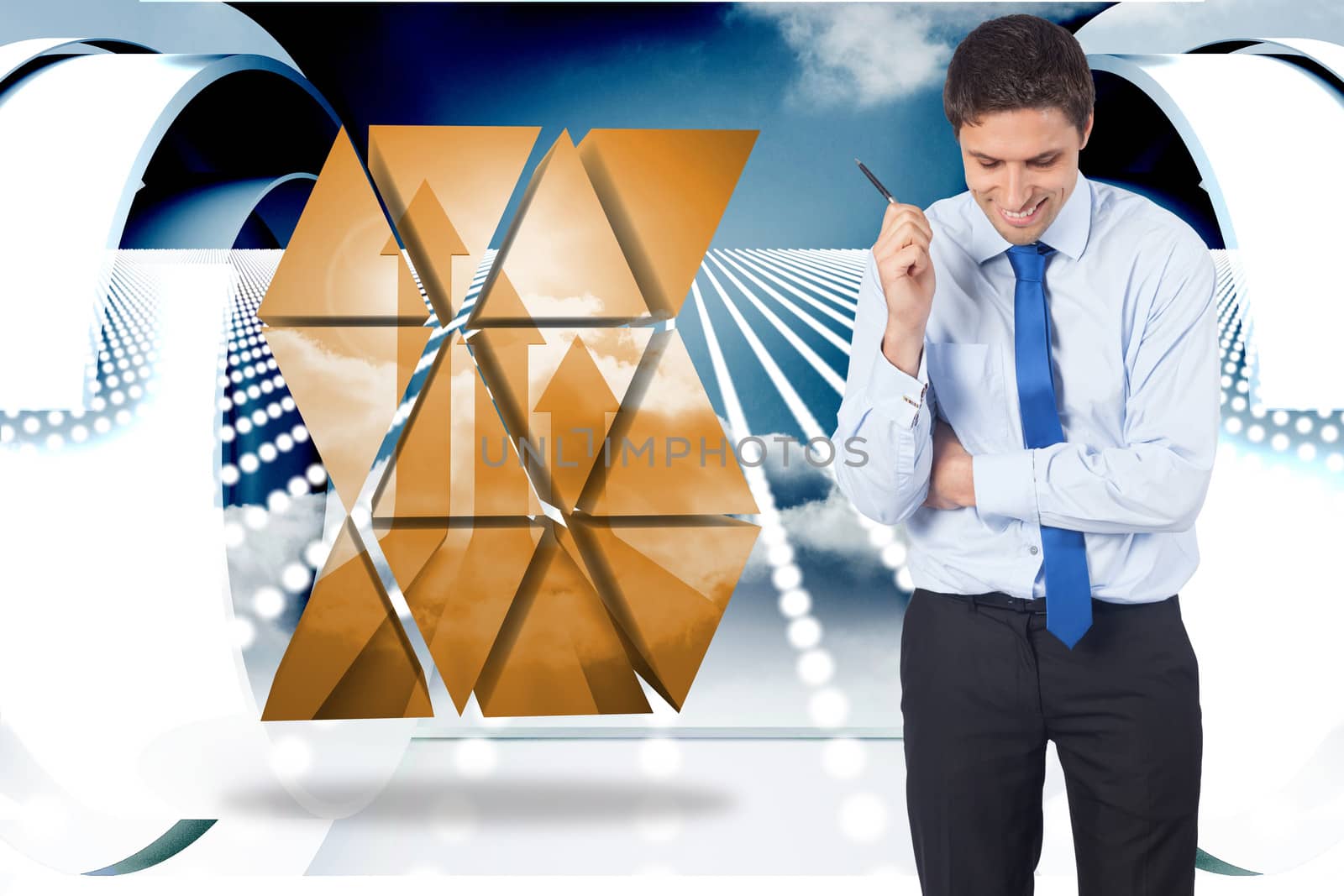 Composite image of thinking businessman holding pen by Wavebreakmedia