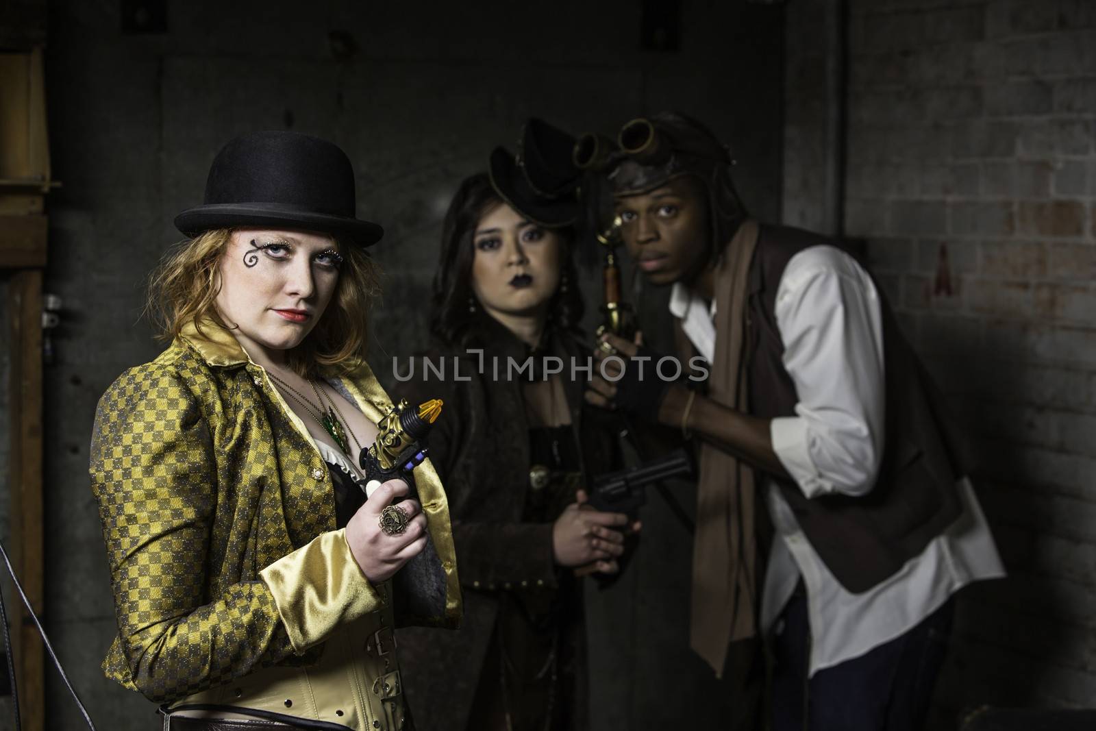 Steam Punks in Underground Lair with Weapons