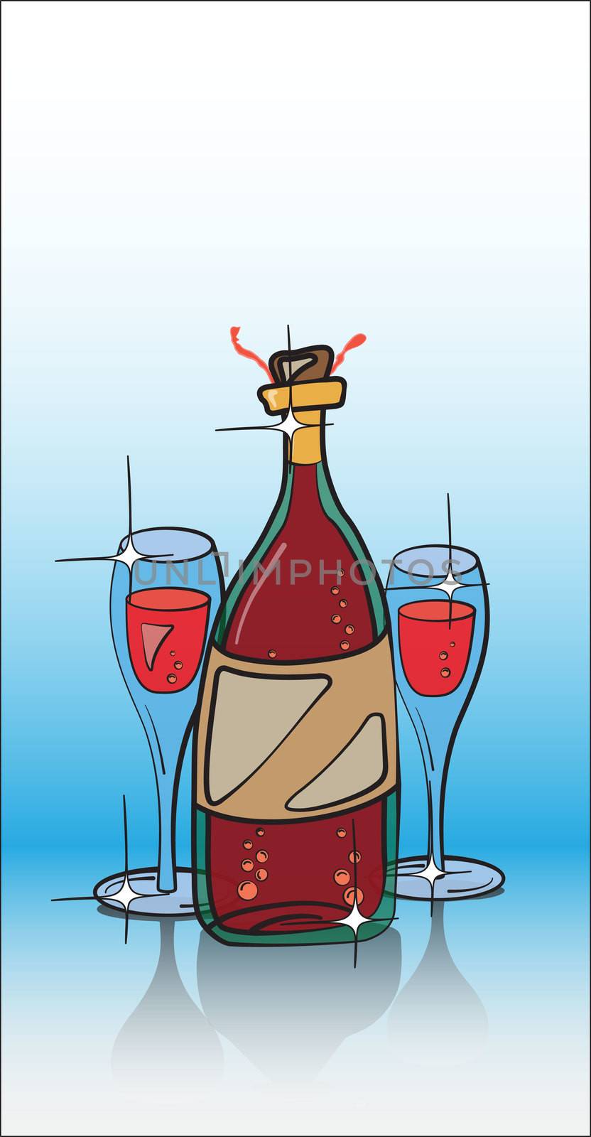 Vector illustration shows composition glass bottle of bubbly and two full glasses.
