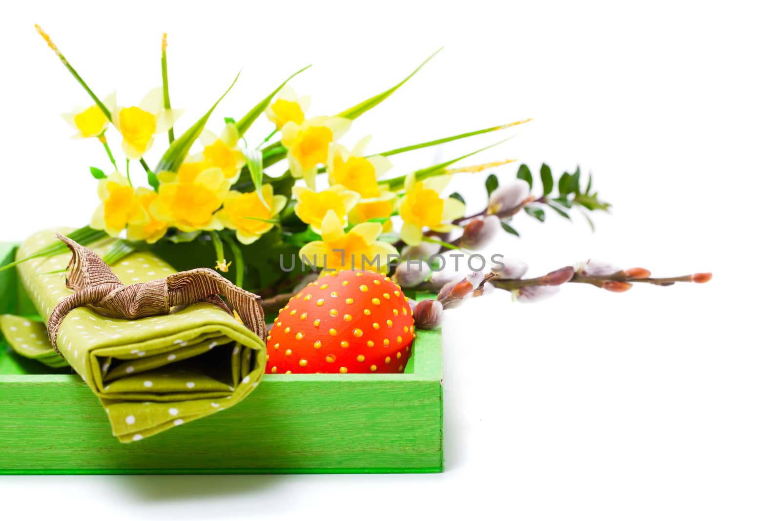 Easter egg in a basket with green cloth. on a white background.