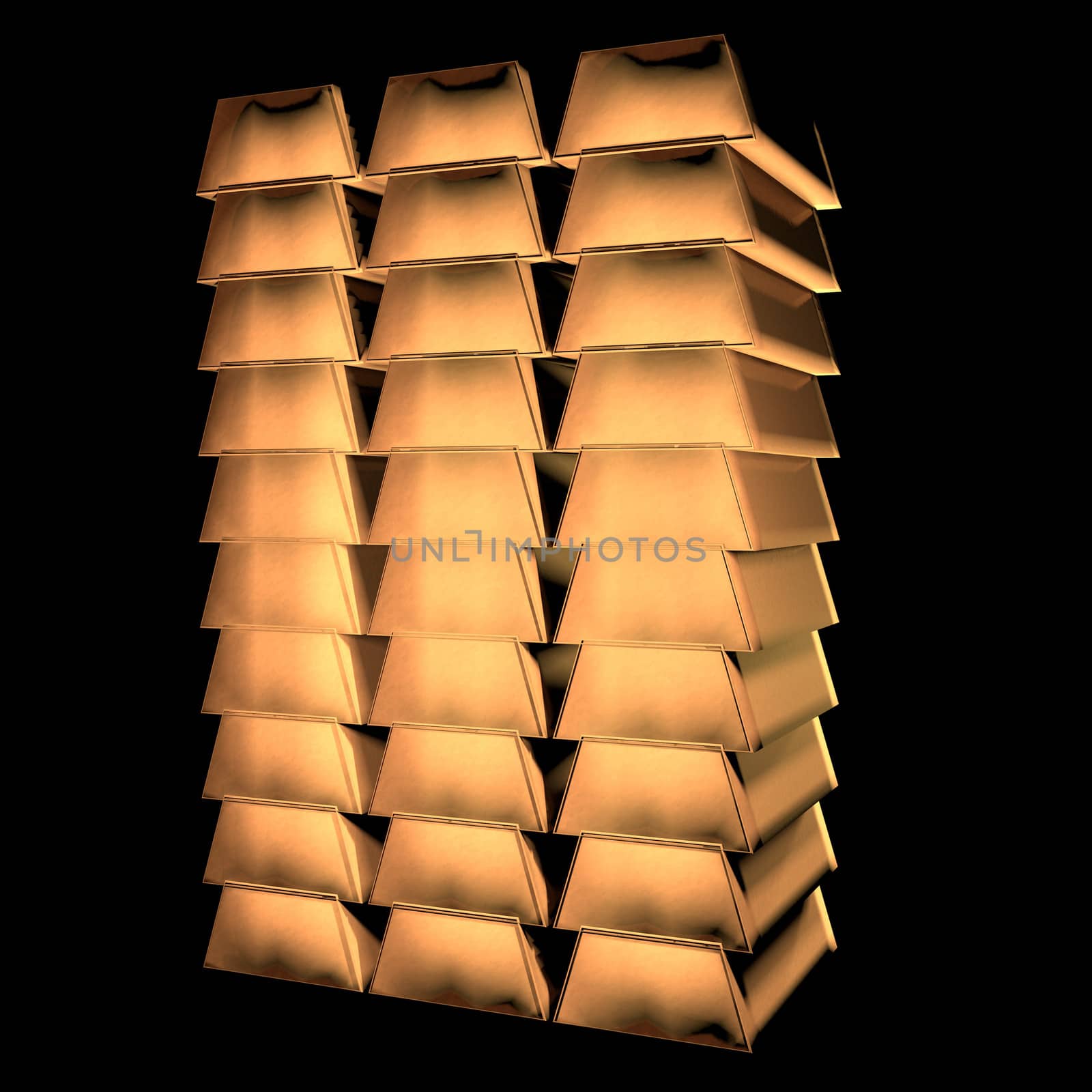 Many golden ingots in rows over black, 3d render