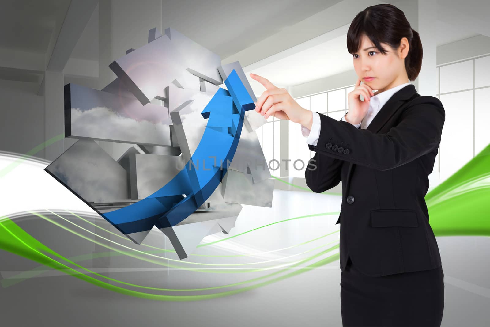 Thoughtful businesswoman pointing against abstract white and green line design in room