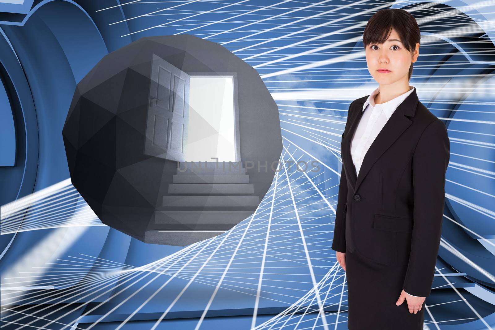 Serious businesswoman against abstract design in futuristic structure