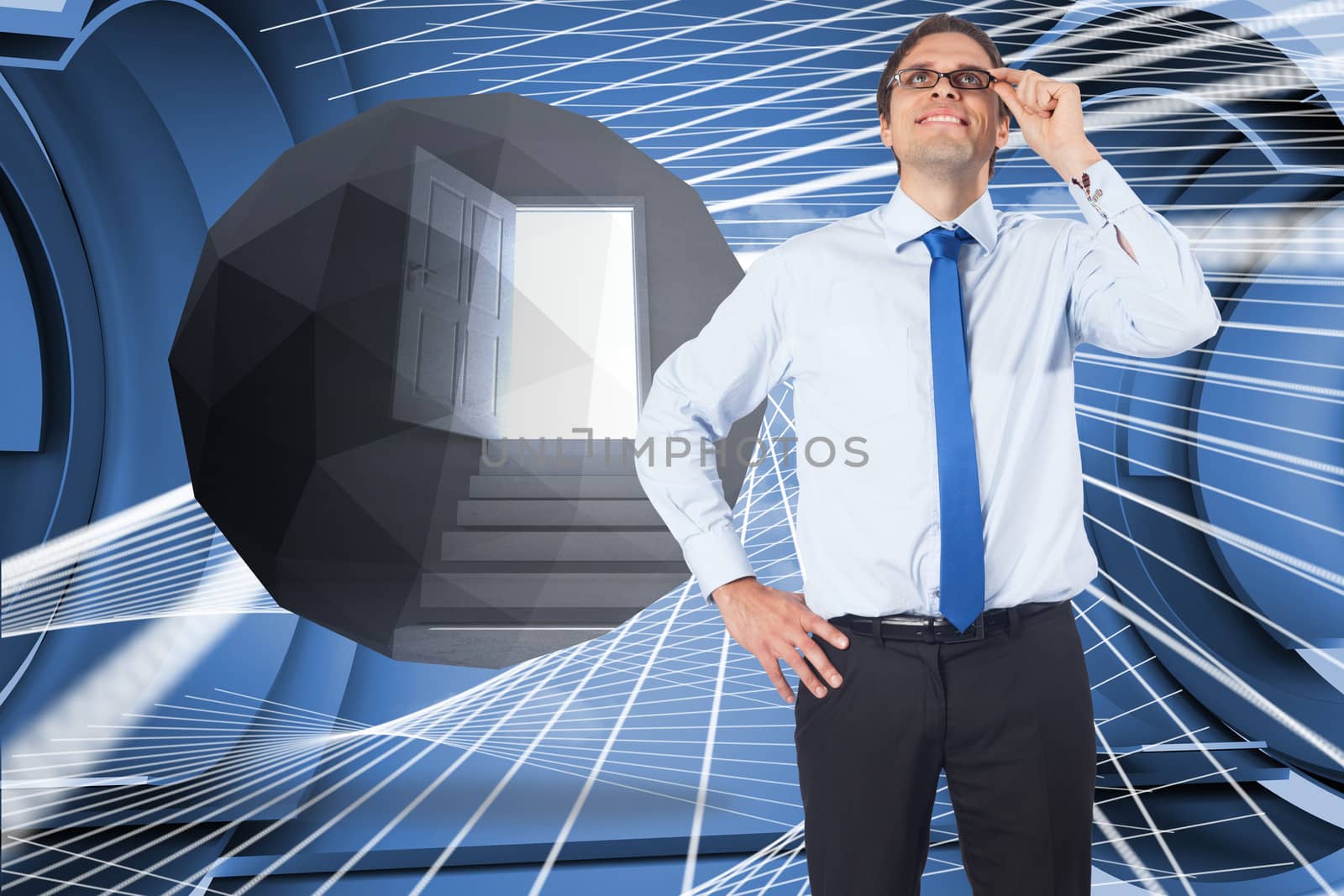 Thinking businessman tilting glasses against abstract design in futuristic structure