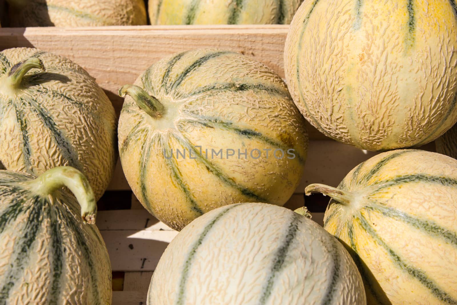 A wooden box with fresh and delicious melons