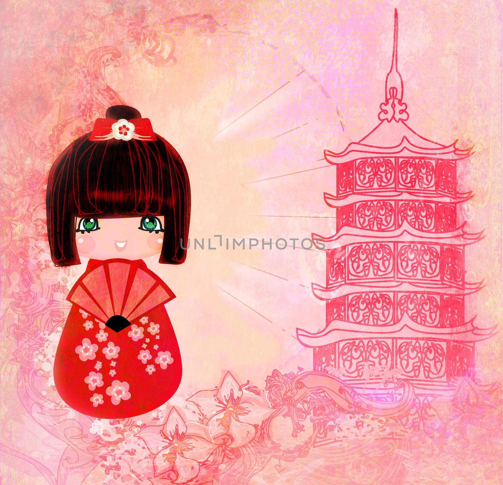 Kokeshi doll cartoon character , beautiful abstract card