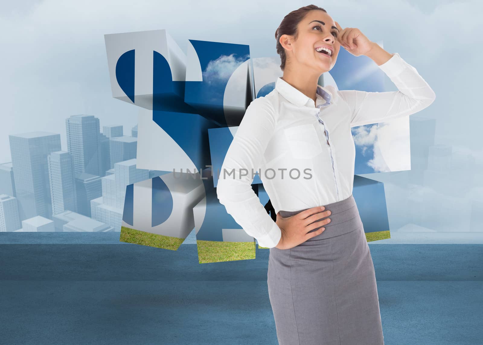 Smiling thoughtful businesswoman against cityscape in the fog