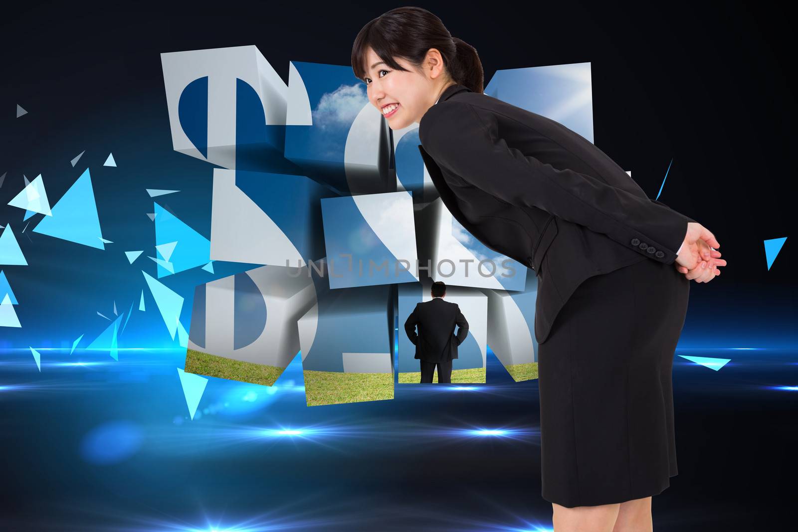 Smiling businesswoman bending against small pyramids on technical background