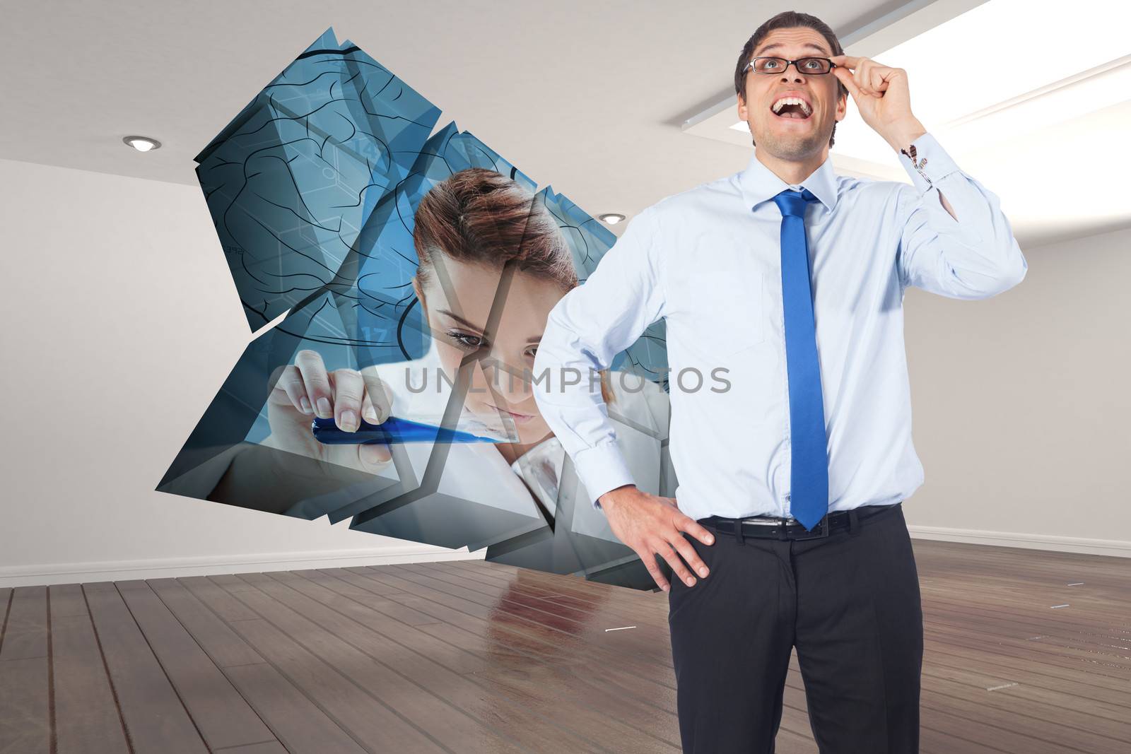 Thinking businessman tilting glasses against digitally generated room with stairs