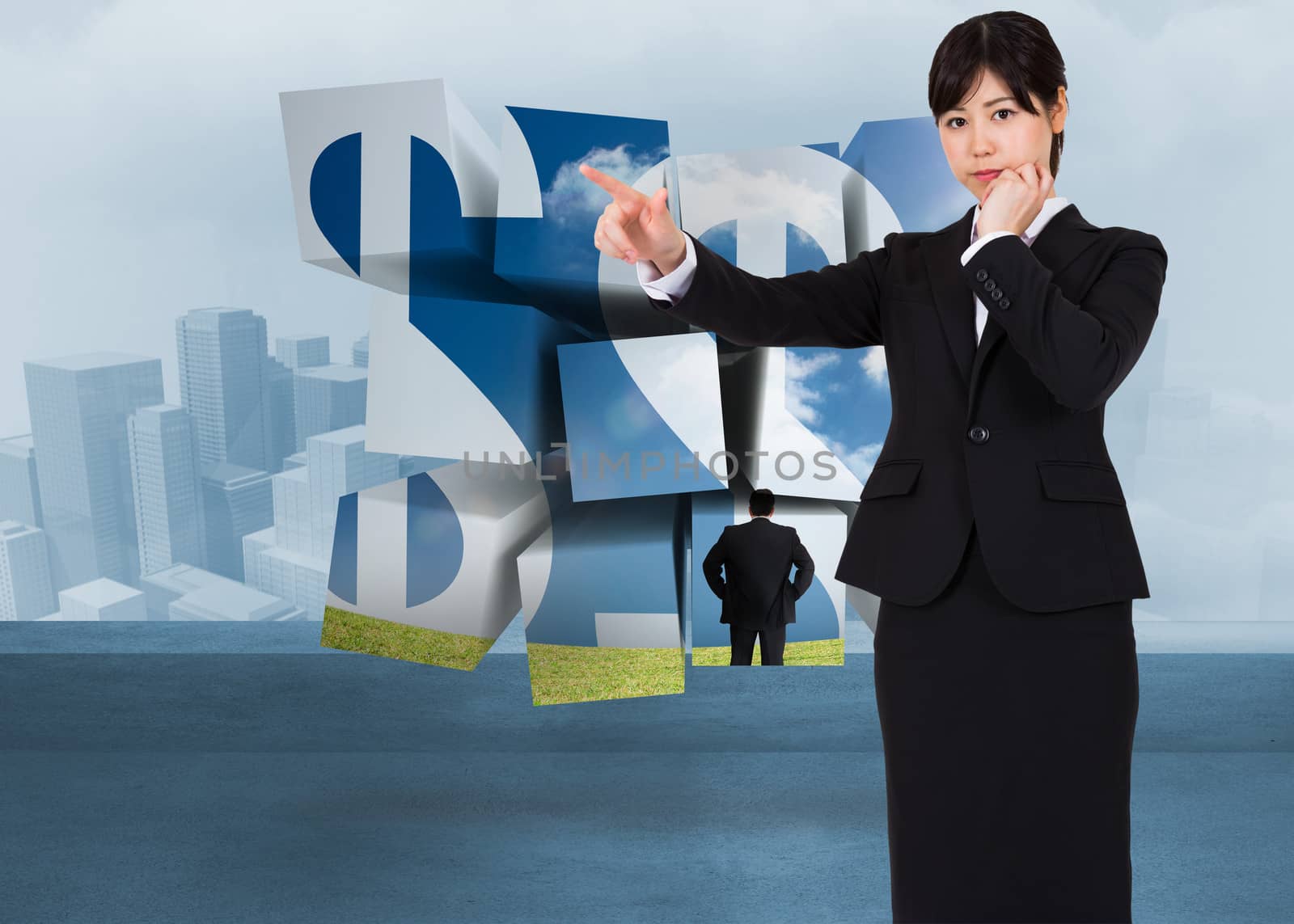 Composite image of thoughtful businesswoman pointing by Wavebreakmedia